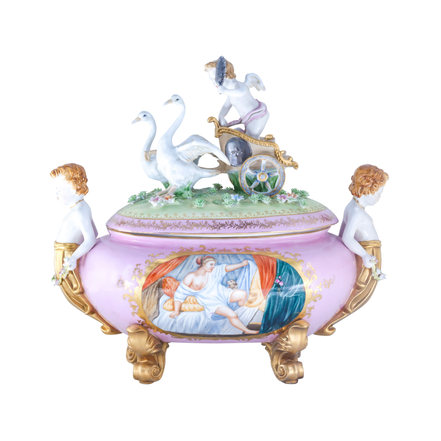 Exceptional Covered Porcelain Cherub Jar