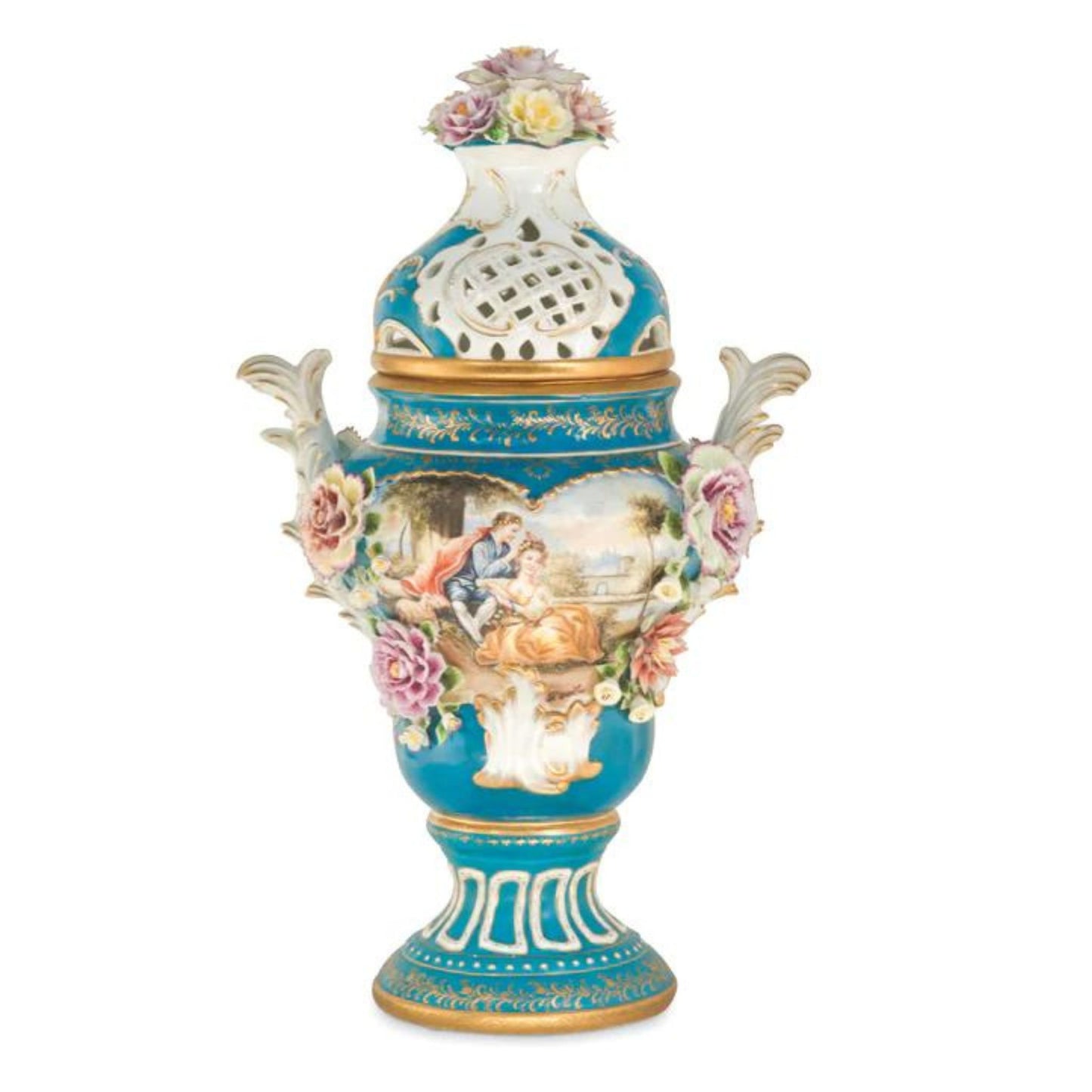 Potpourri Hand-painted Vase with Rococo Motif and Porcelain Flowers