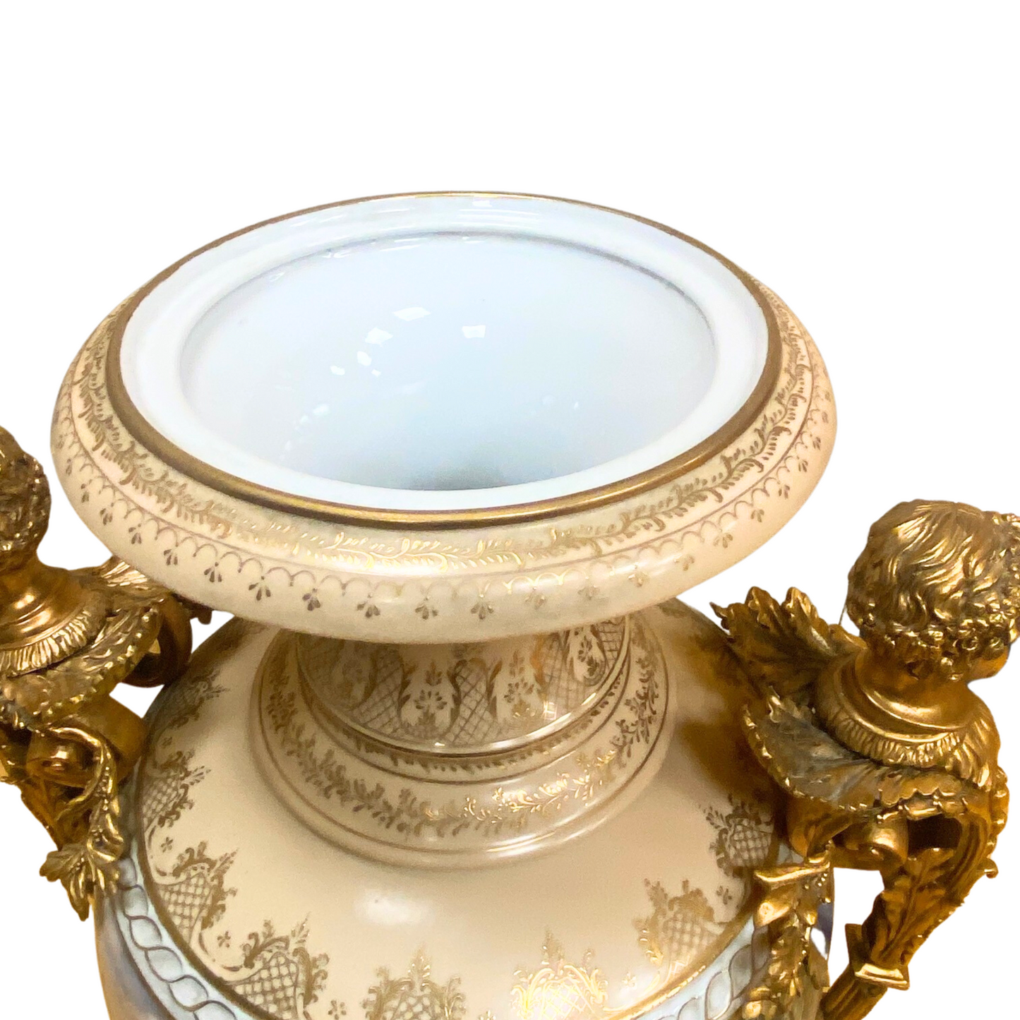 Striking Porcelain And Bronze Hand-painted Cherub Handle Vase