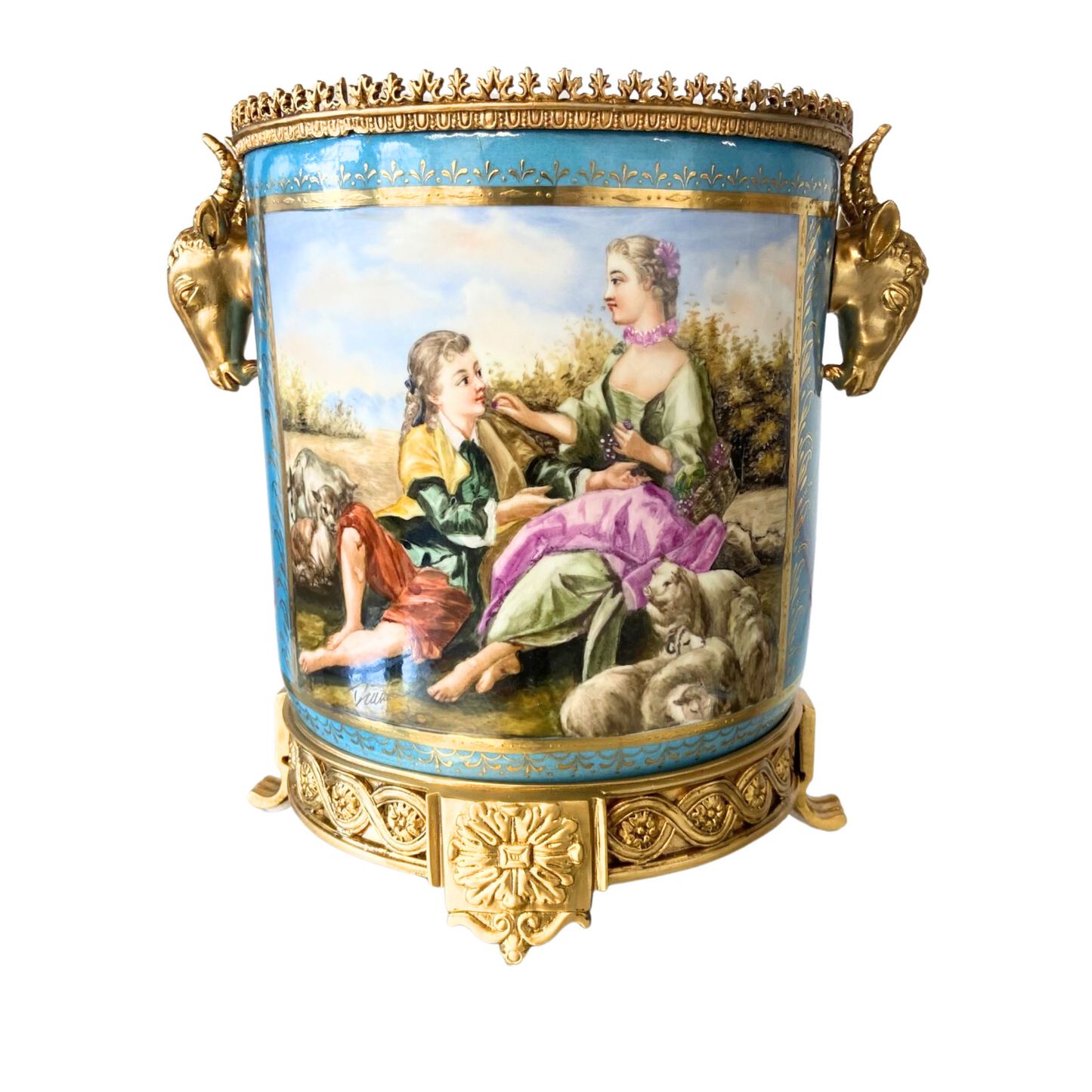 Hand-Painted Porcelain and Bronze Wine Chiller