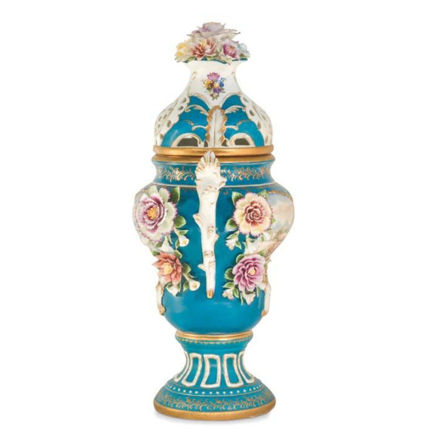 Potpourri Hand-painted Vase with Rococo Motif and Porcelain Flowers