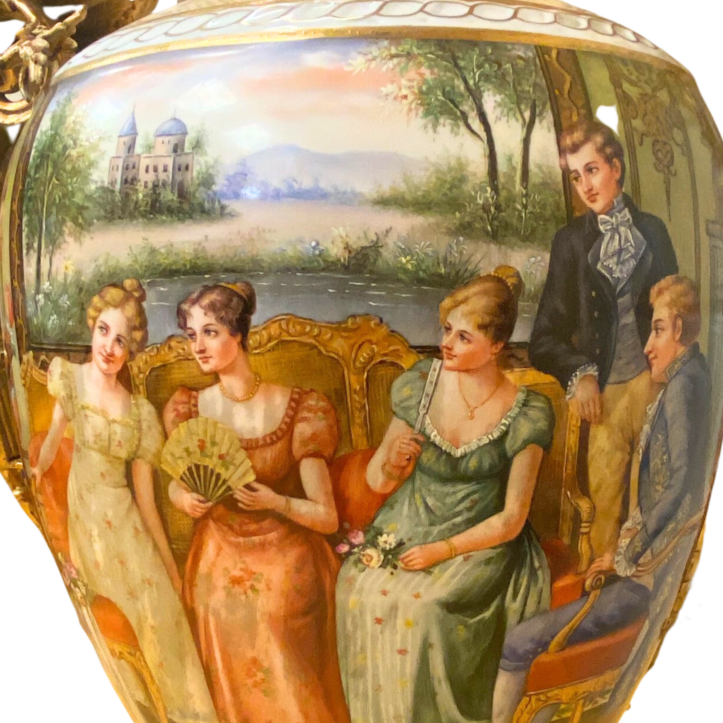 Striking Porcelain And Bronze Hand-painted Cherub Handle Vase