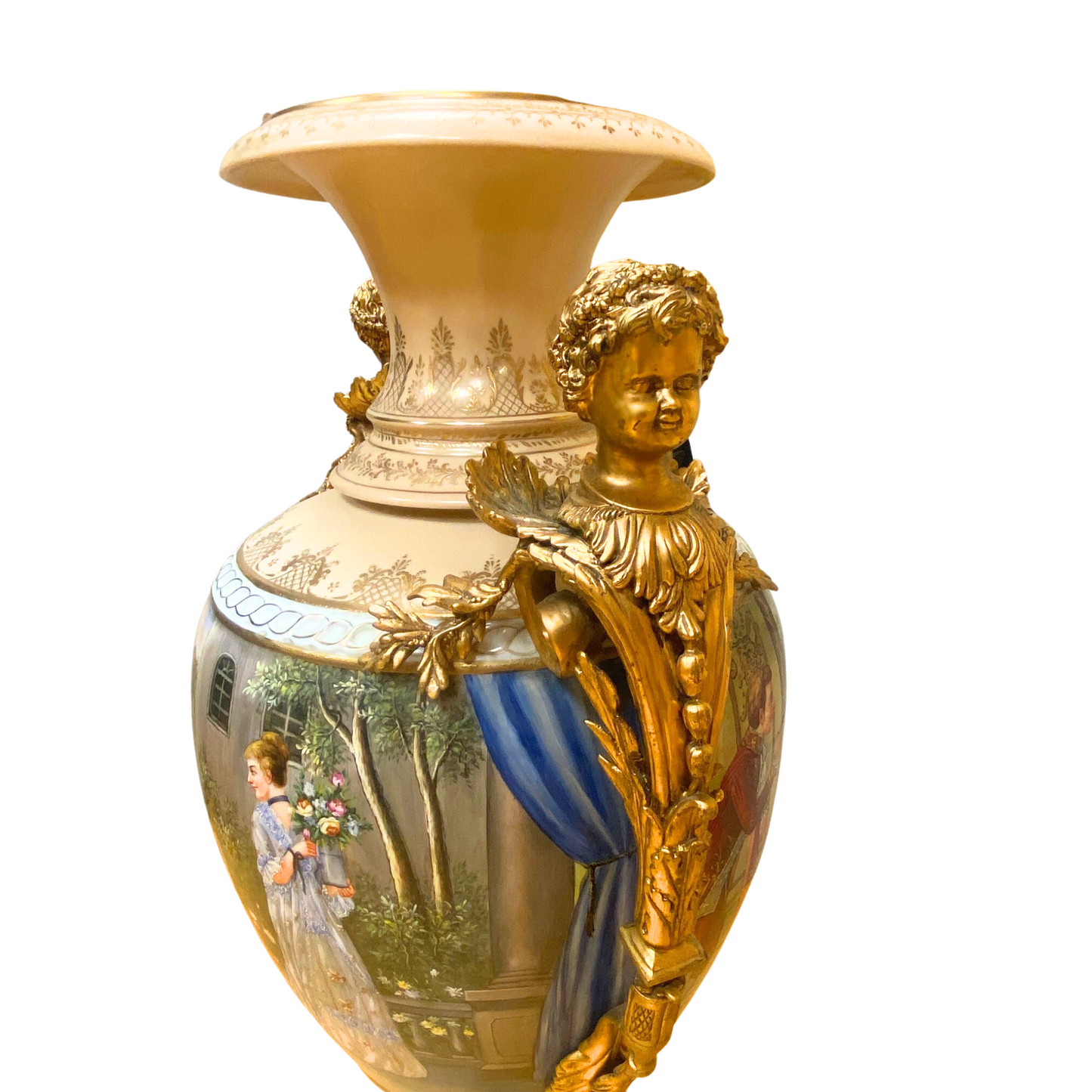 Striking Porcelain And Bronze Hand-painted Cherub Handle Vase