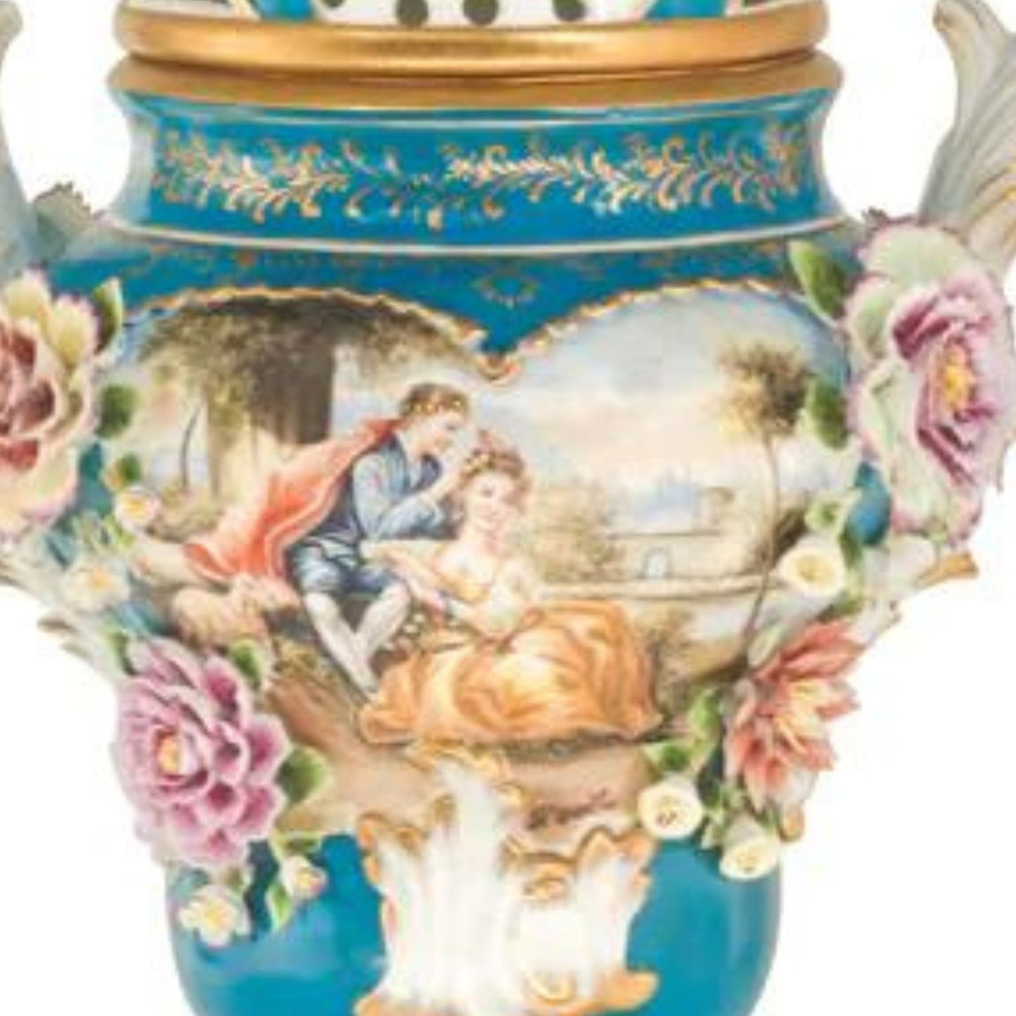 Potpourri Hand-painted Vase with Rococo Motif and Porcelain Flowers