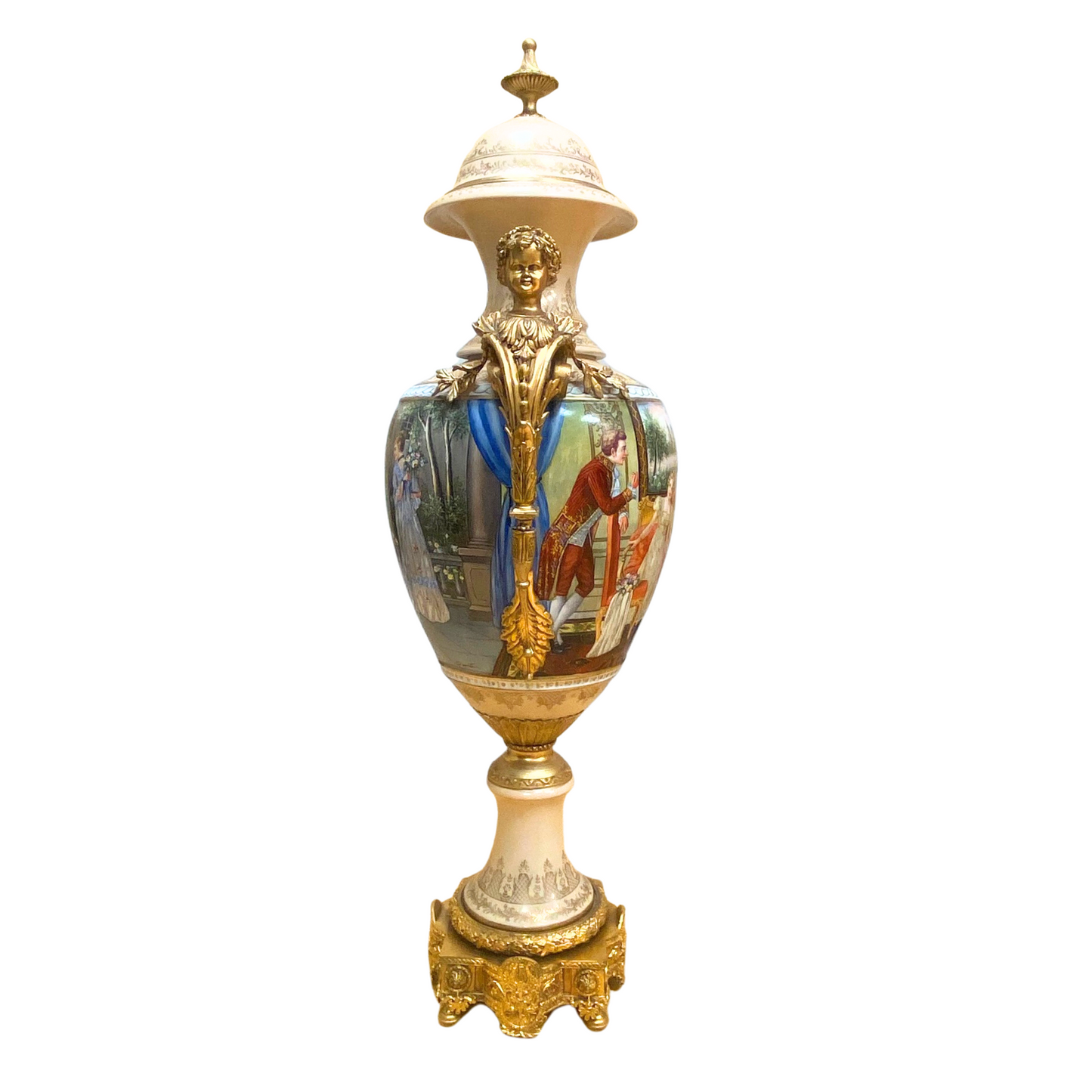 Striking Porcelain And Bronze Hand-painted Cherub Handle Vase