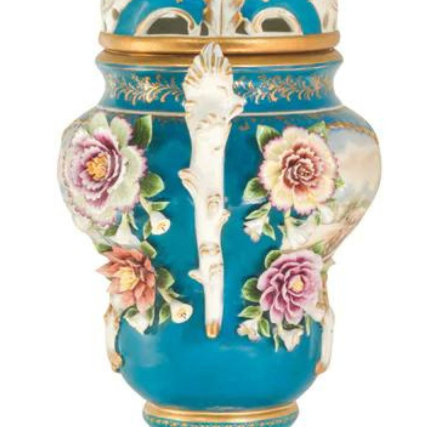 Potpourri Hand-painted Vase with Rococo Motif and Porcelain Flowers