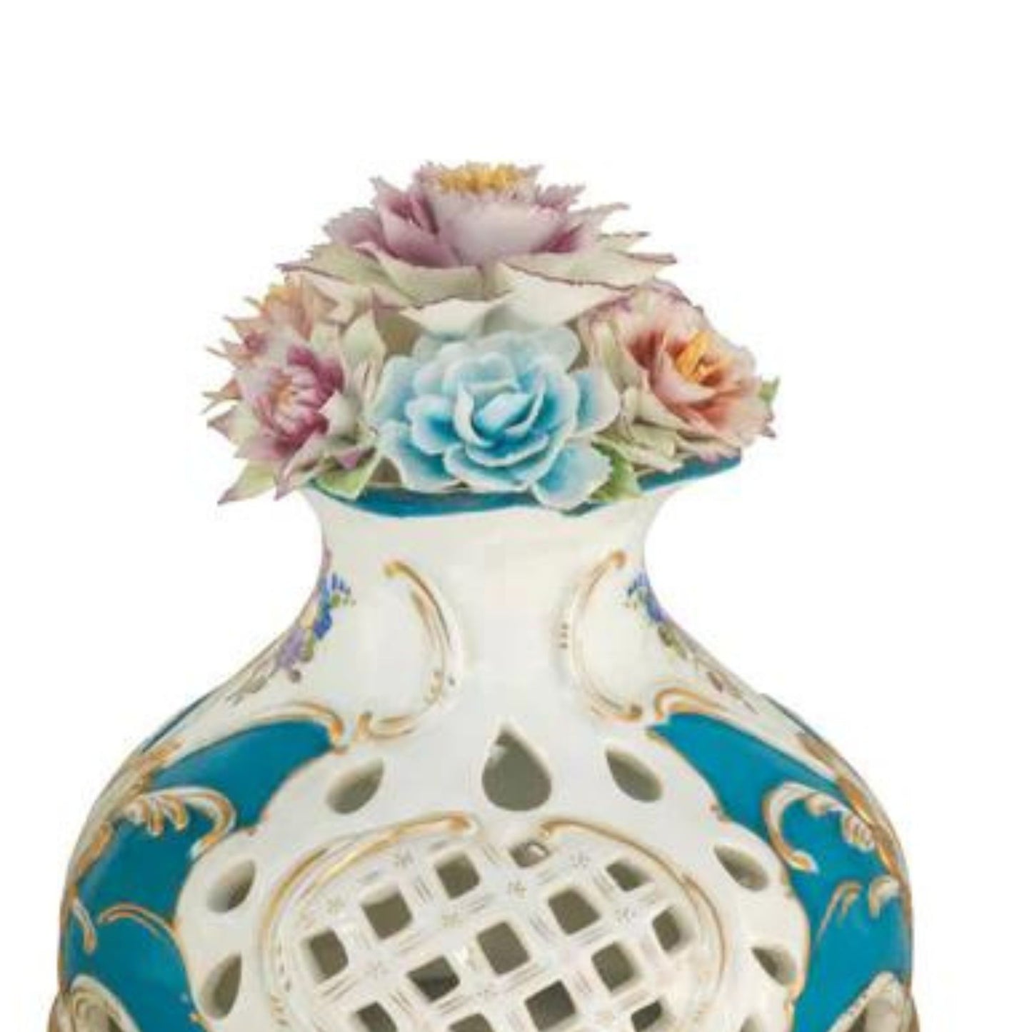 Potpourri Hand-painted Vase with Rococo Motif and Porcelain Flowers