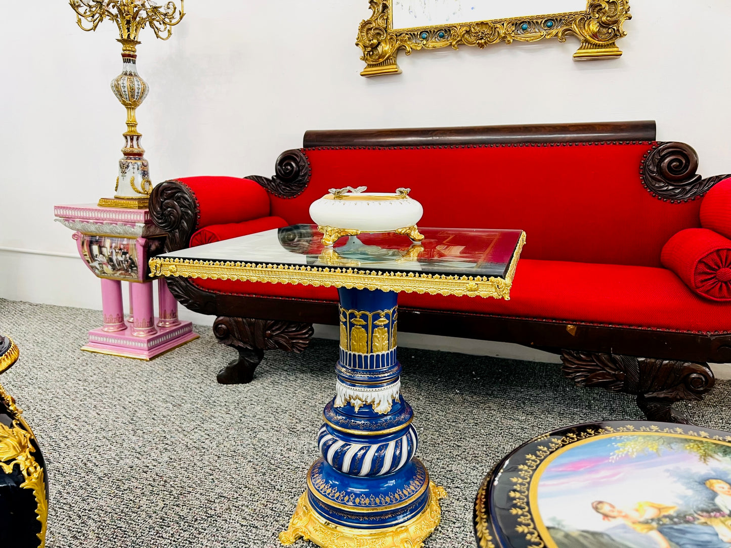 Rococo Style Hand-painted Square Glass Top Table