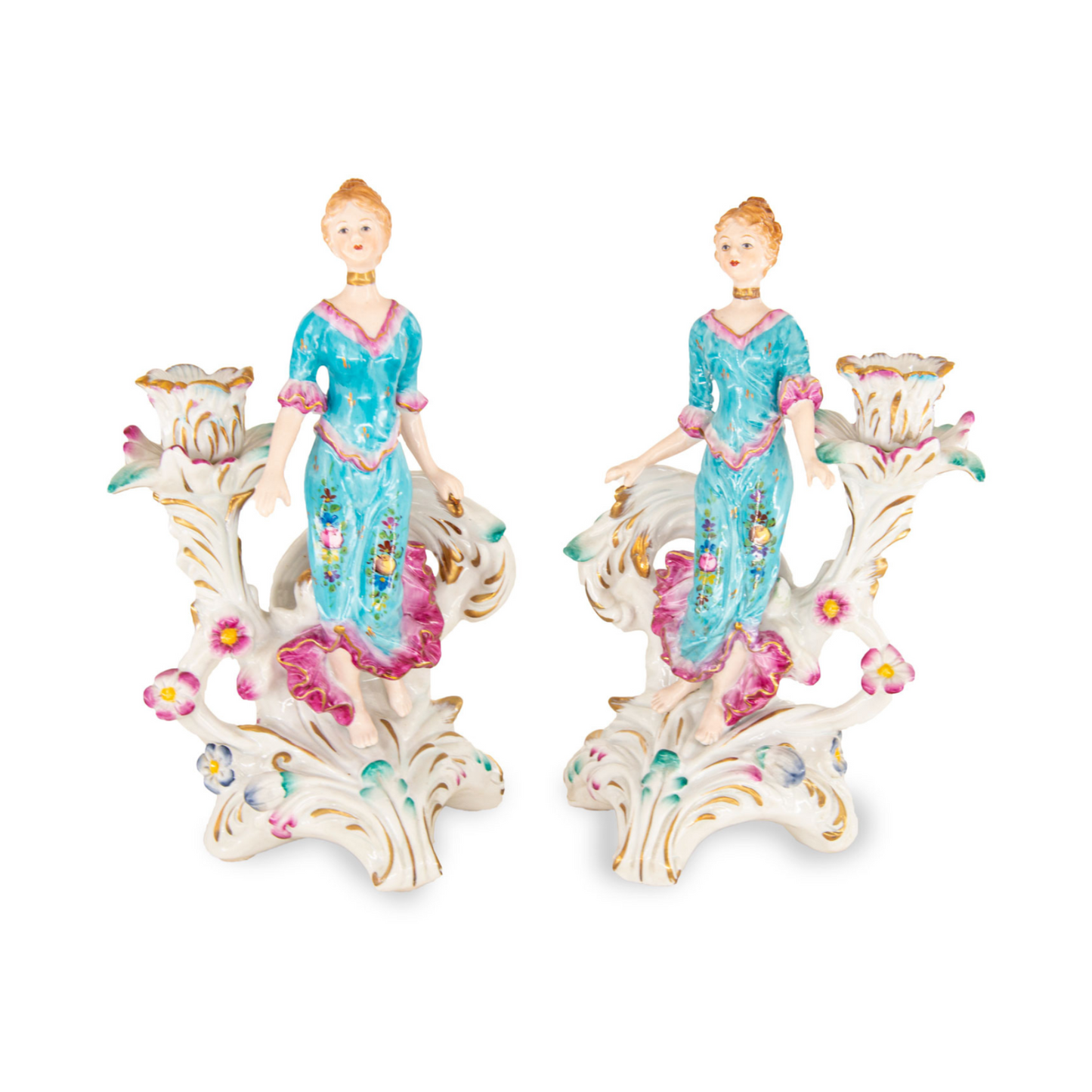 Pair of Hand-painted Porcelain Candlestick Holders