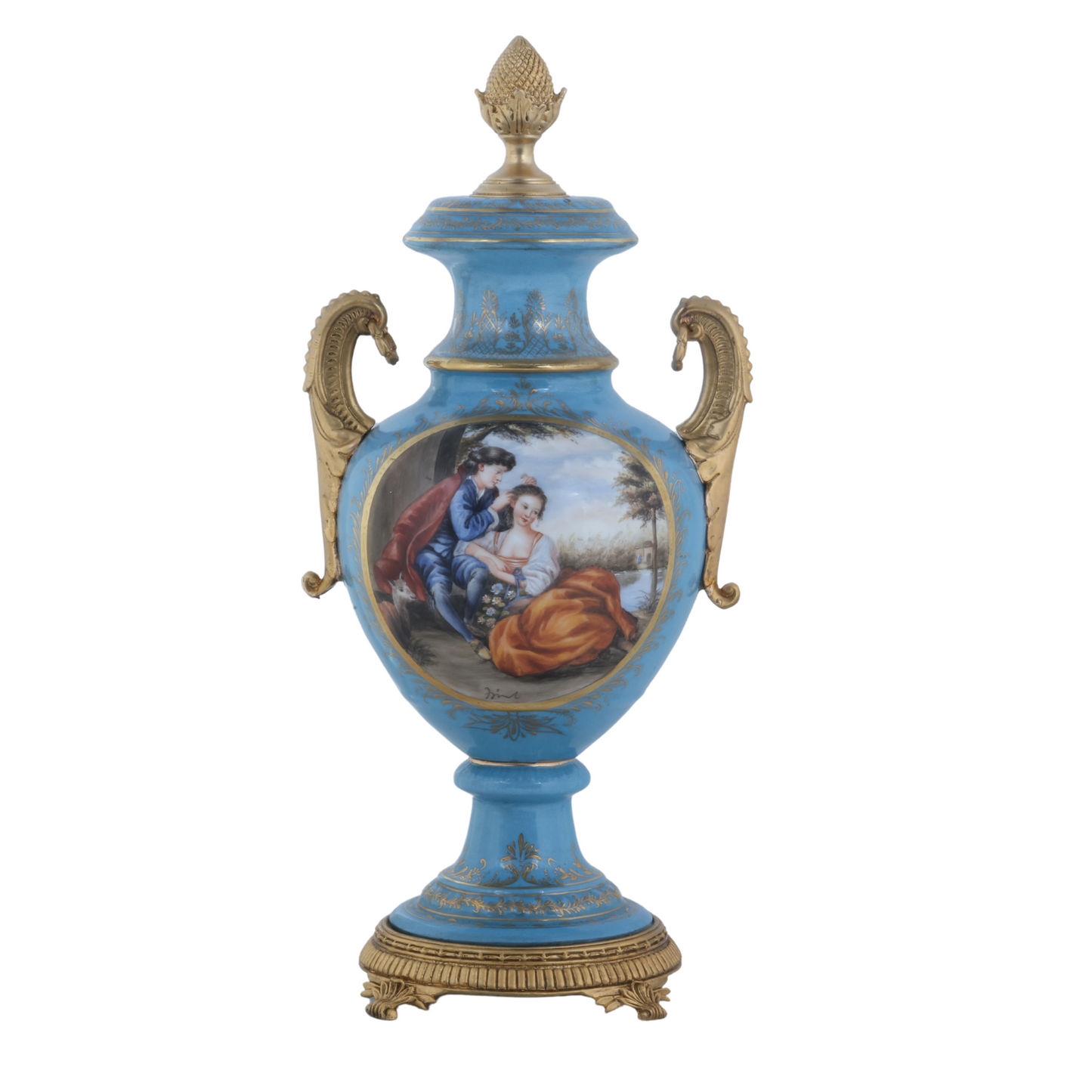 Urna de porcelana rococó con asa de bronce