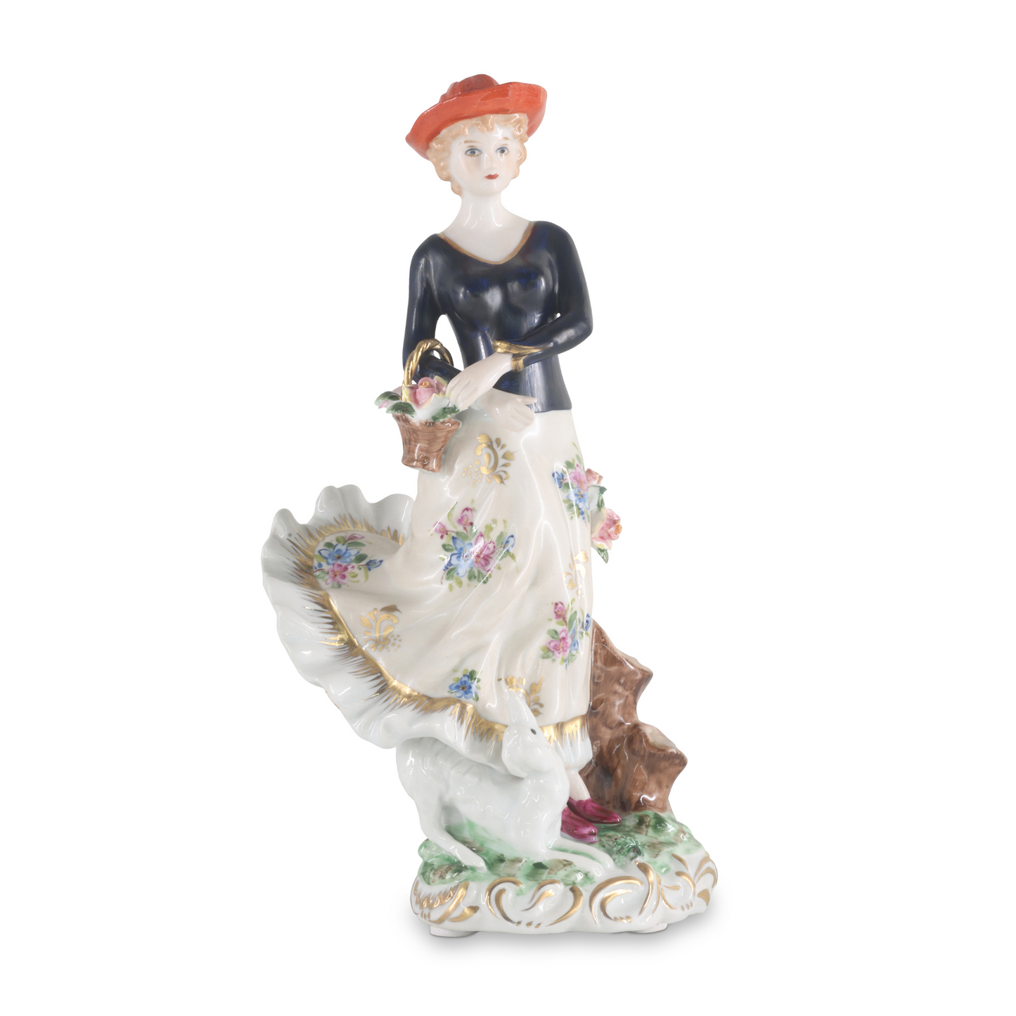Lady Holding Basket Full Of Flowers Porcelain Figurine