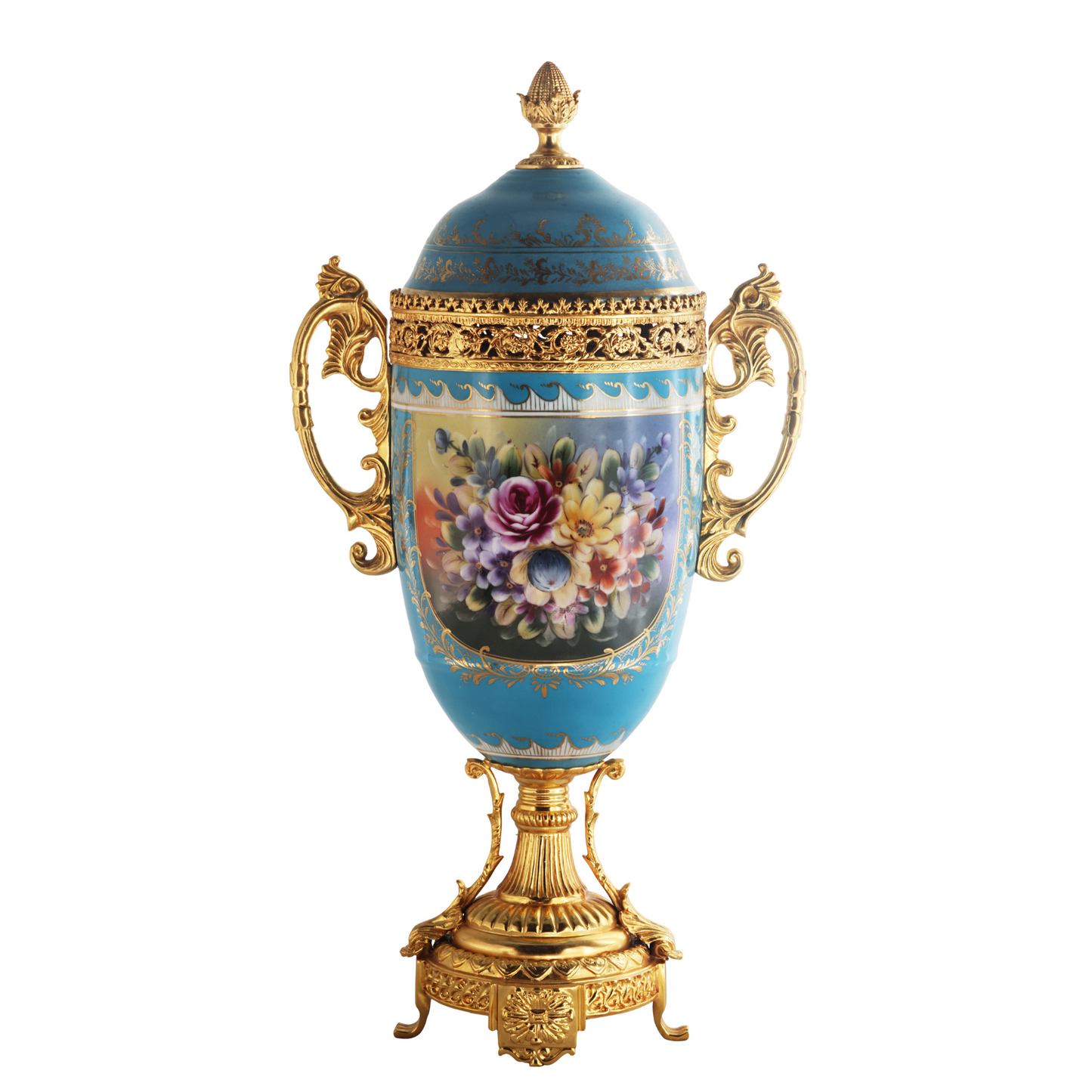 Bronze Handle Floral Porcelain Vase