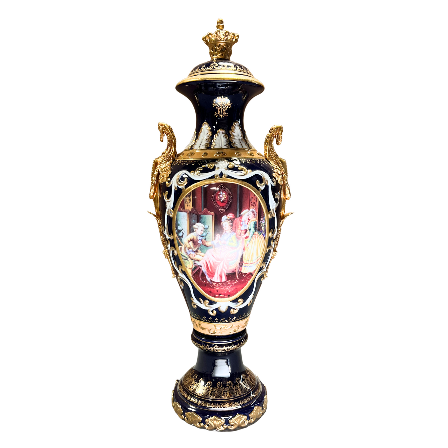 Hand-painted French Style Porcelain & Bronze Handle Vase