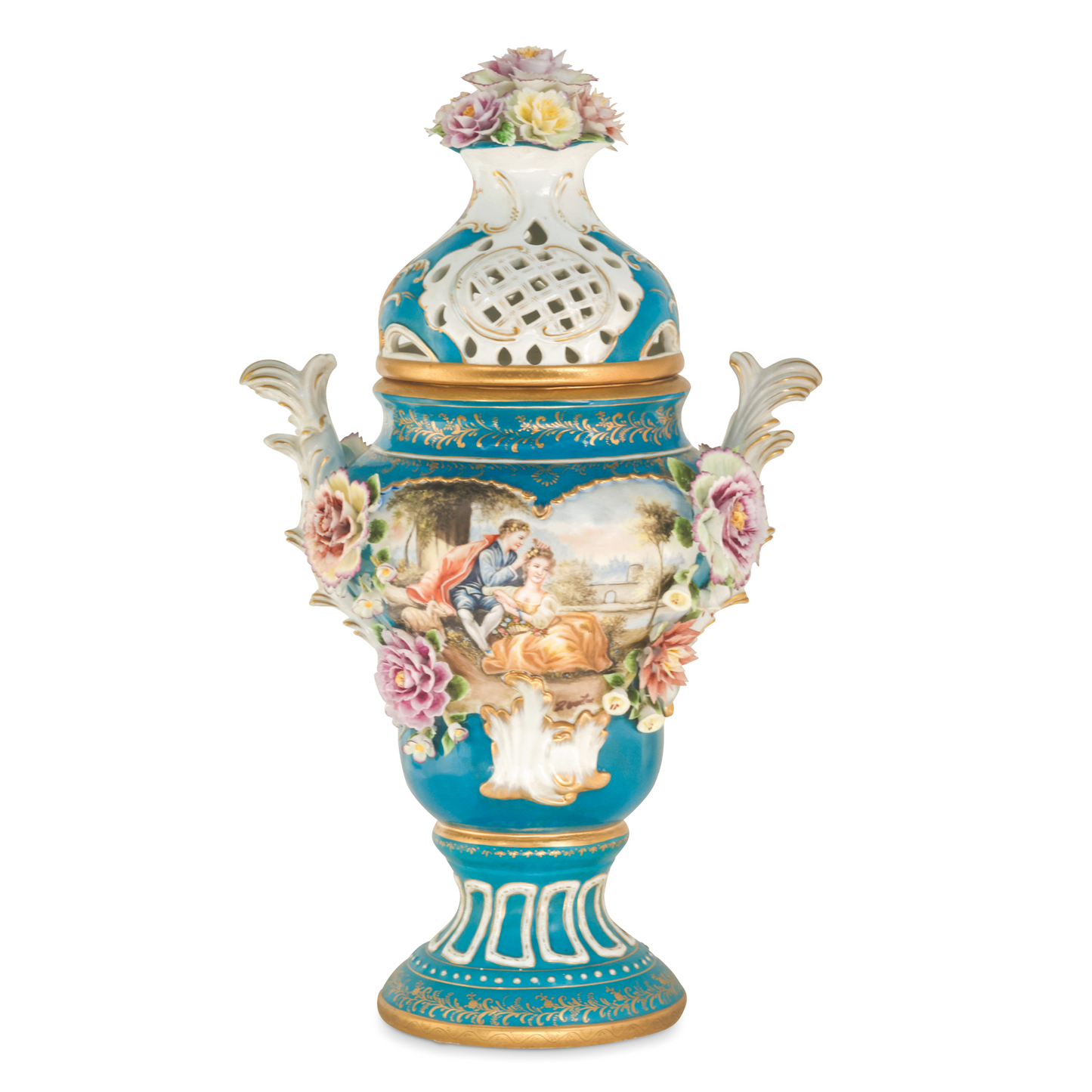 Potpourri Hand-painted Vase with Rococo Motif and Porcelain Flowers