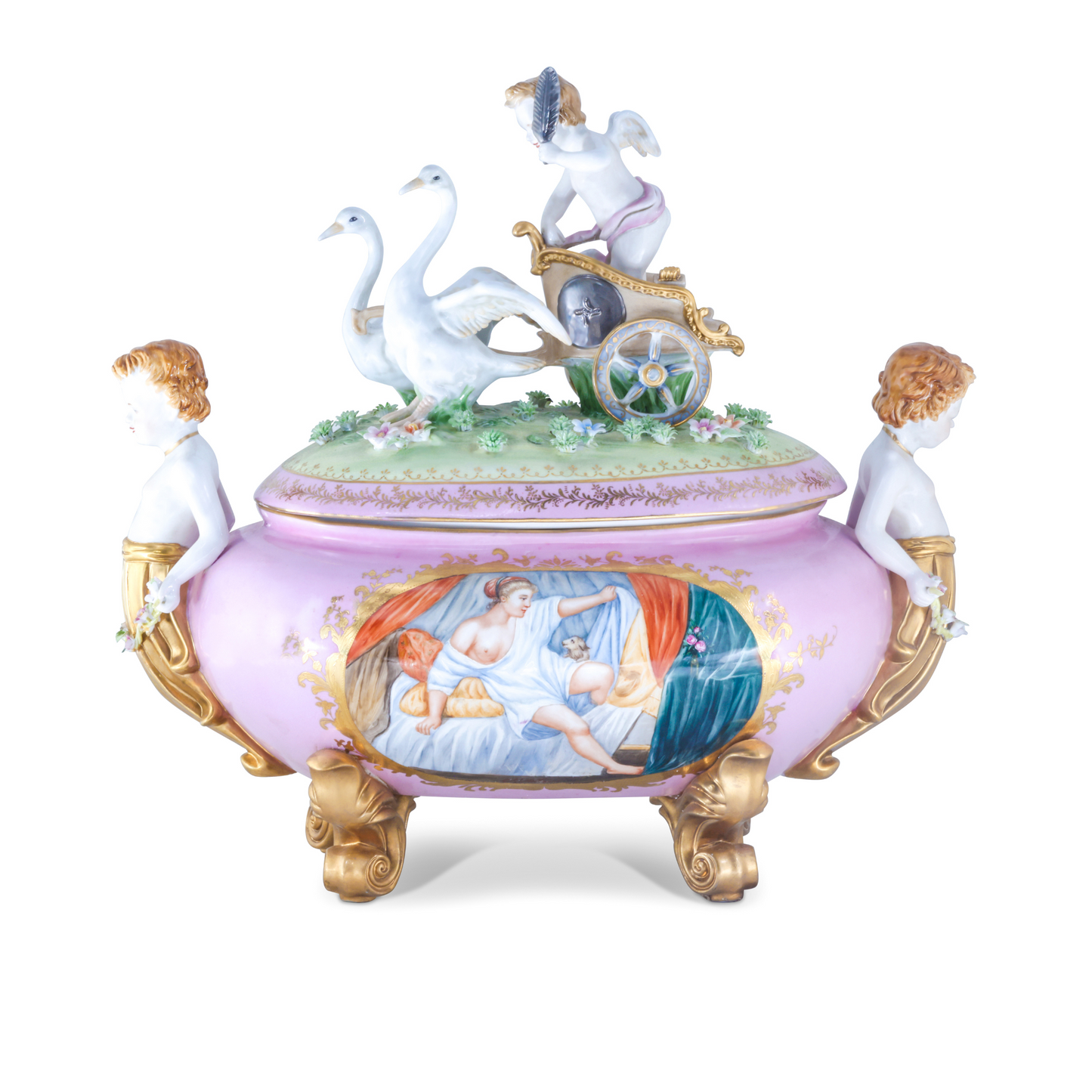Exceptional Covered Porcelain Cherub Jar