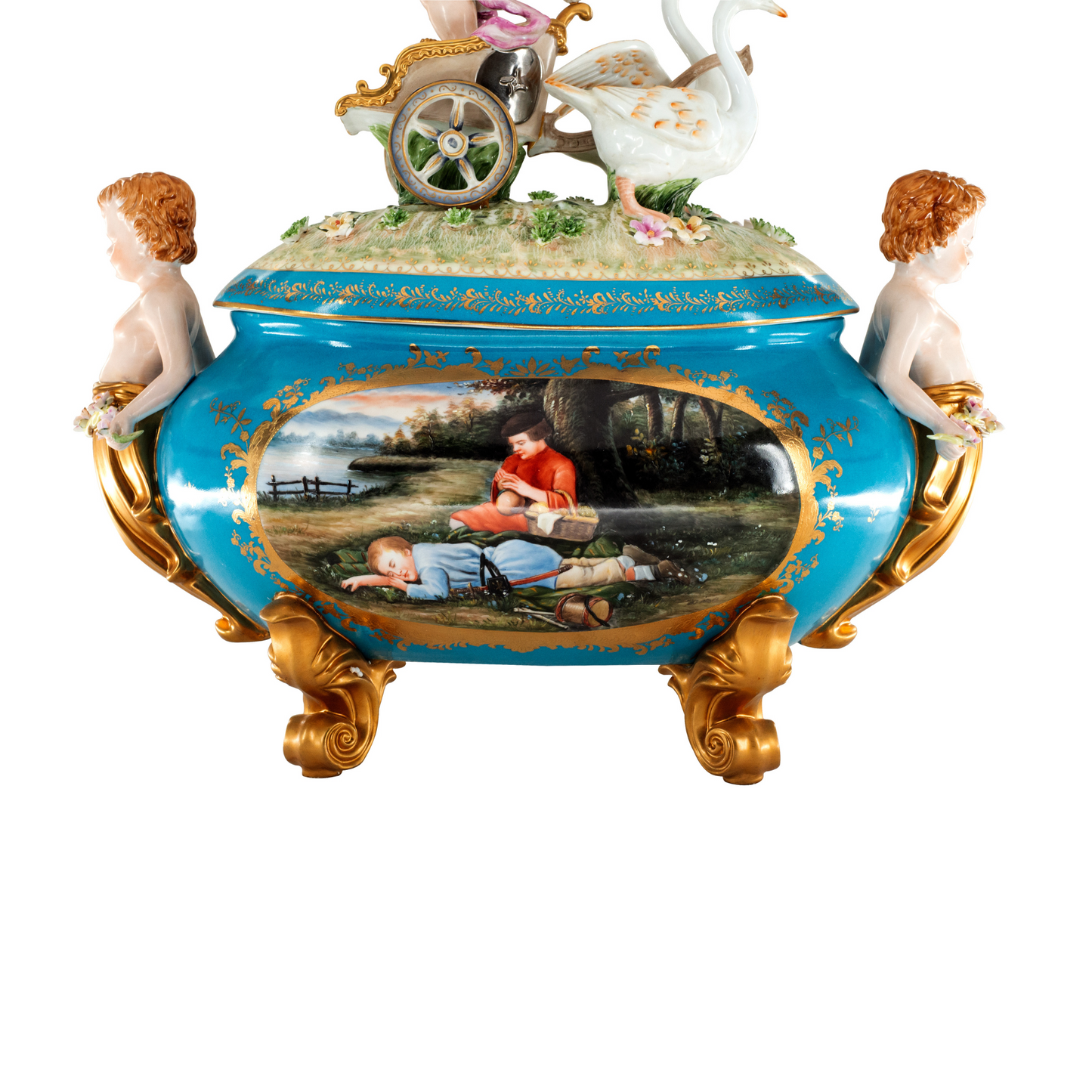 Exceptional Hand-Painted Baroque Style Covered Porcelain Cherub Jar