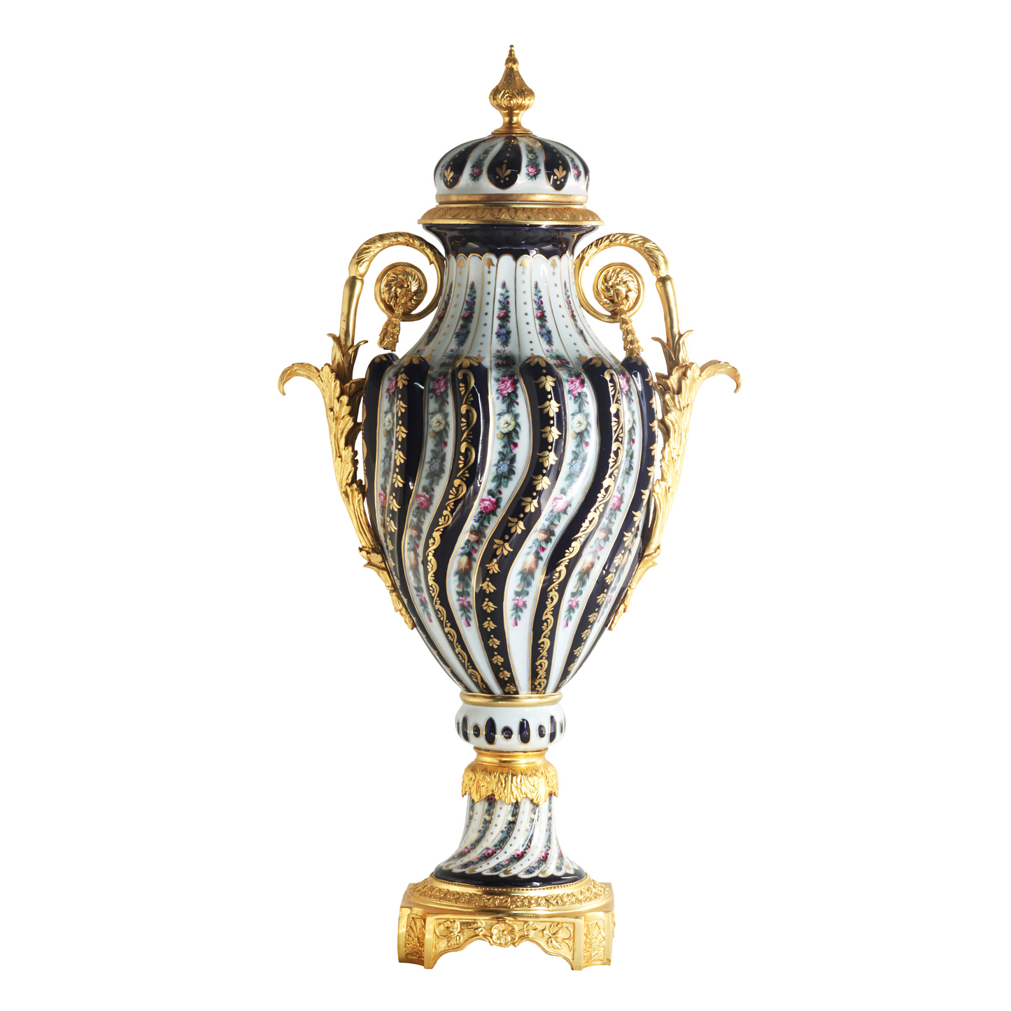 Porcelain Swirl And Bronze Handle Vase