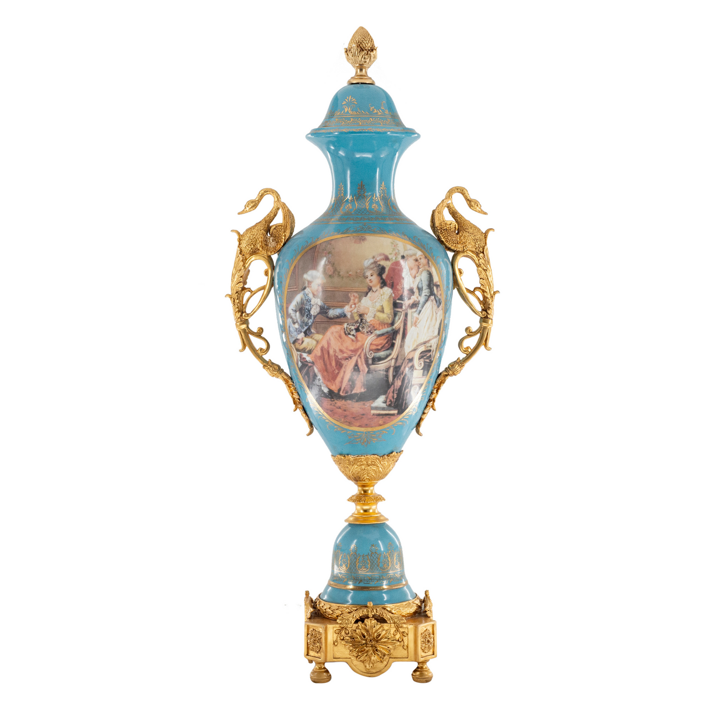 Striking Hand-painted Porcelain And Bronze Goose Handle Vase