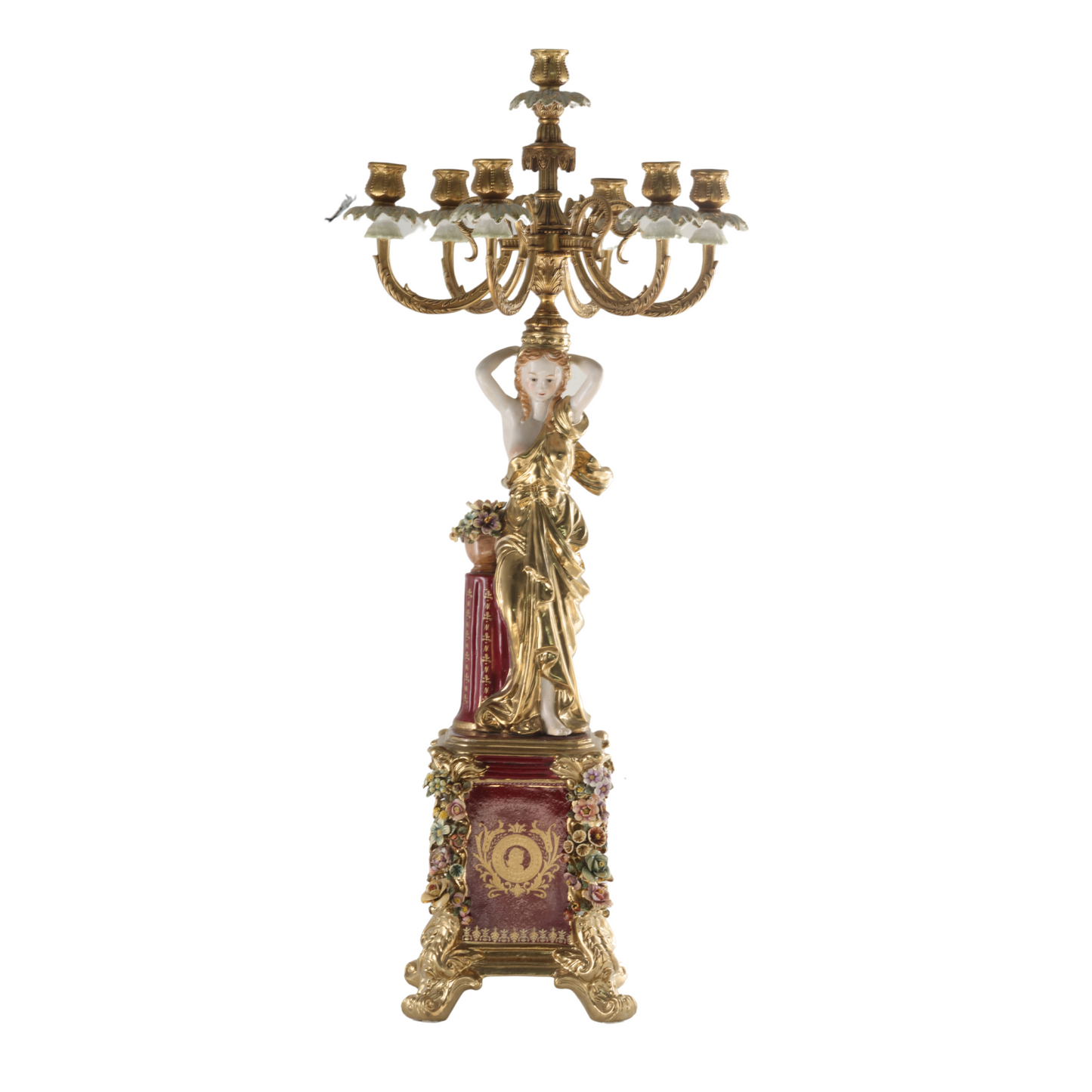 Bronze Hand-Painted Seven Cup Candle Holder With Porcelain Lady