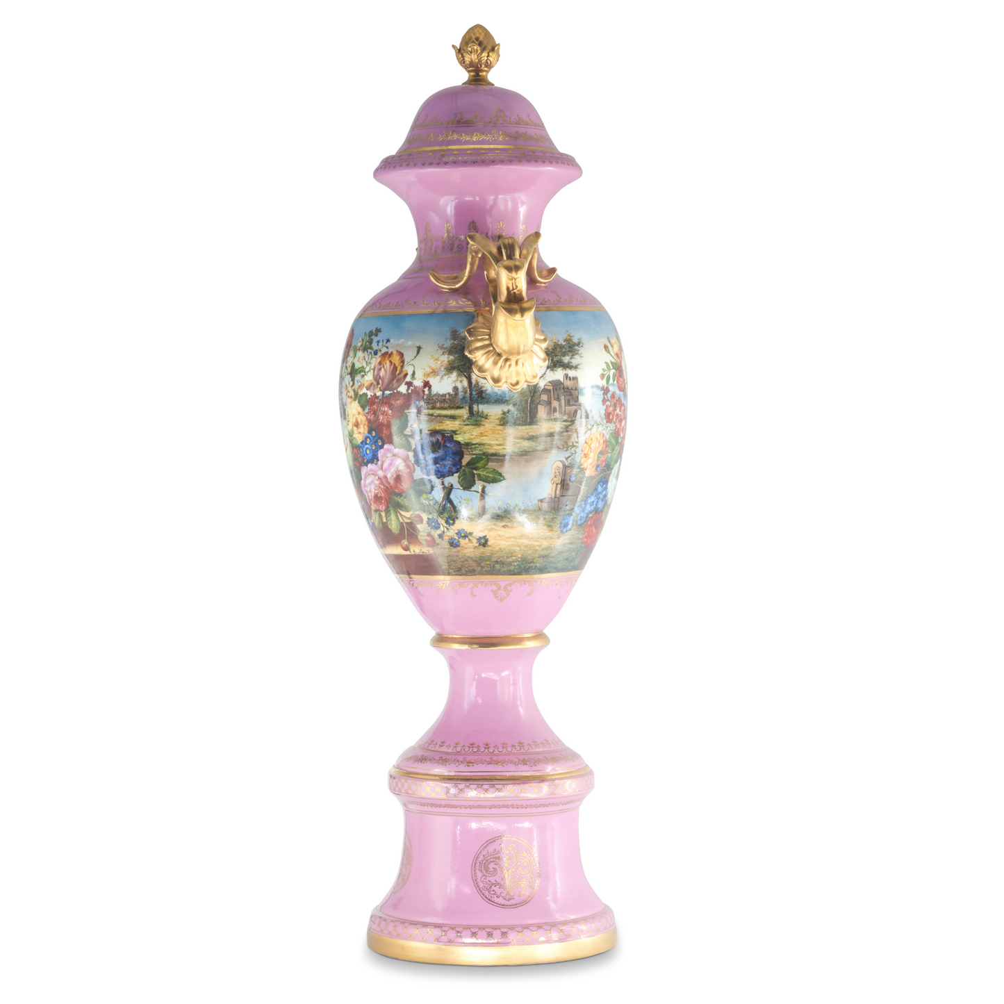 Hand-Painted Pink Baroque Style Floral Motif Vase