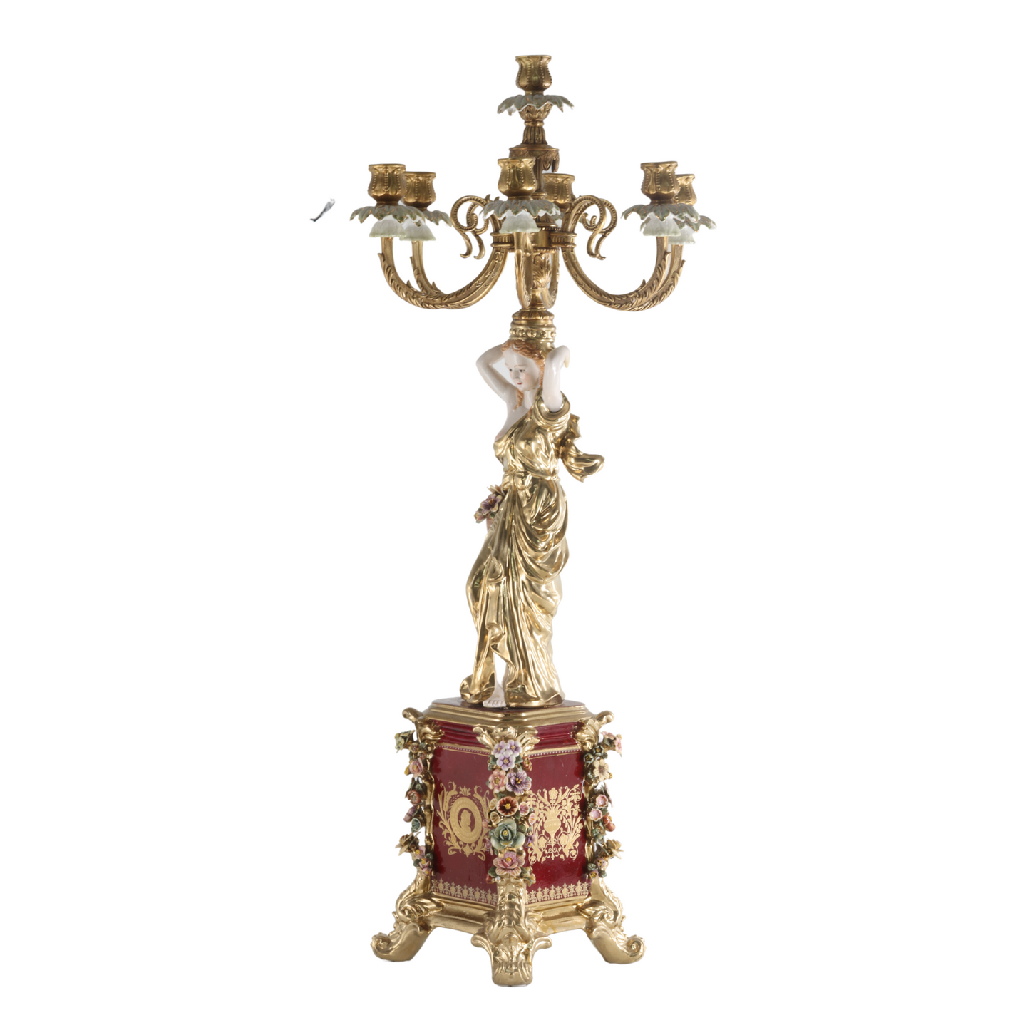 Bronze Hand-Painted Seven Cup Candle Holder With Porcelain Lady