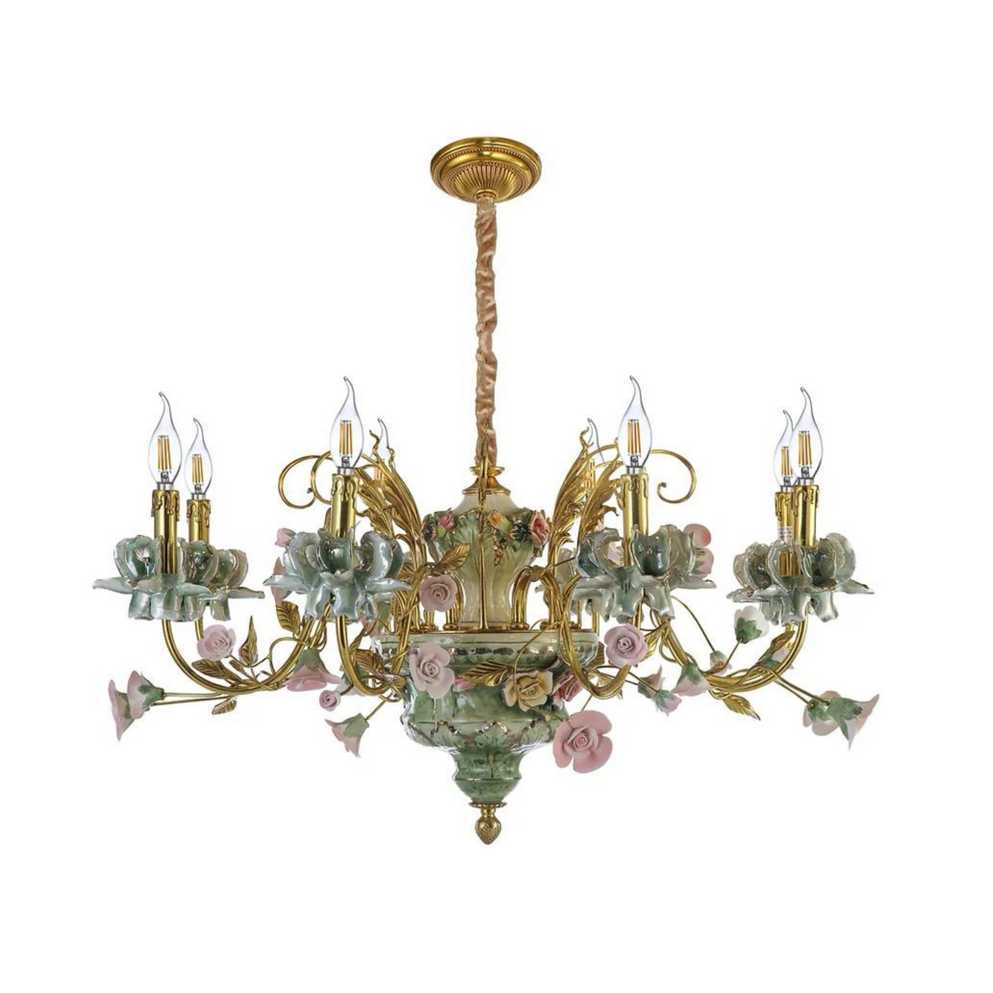 Porcelain and Brass Floral Chandelier