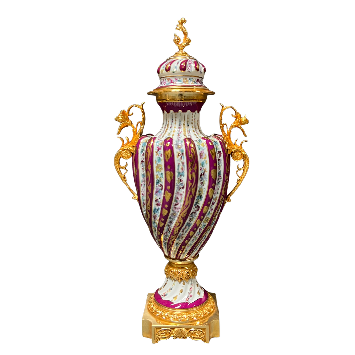 Porcelain Swirl And Bronze Handle Vase