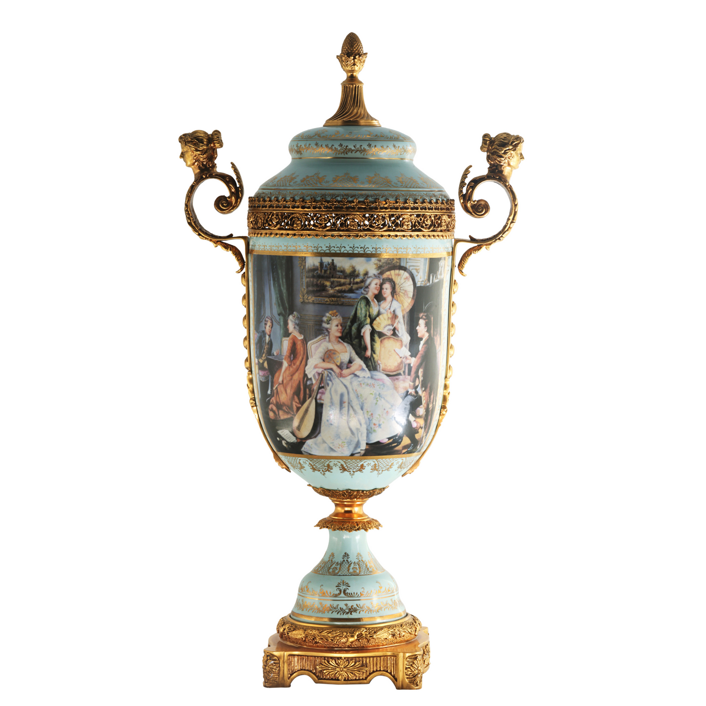 Teal Hand-Painted Potpourri Porcelain And Bronze Urn