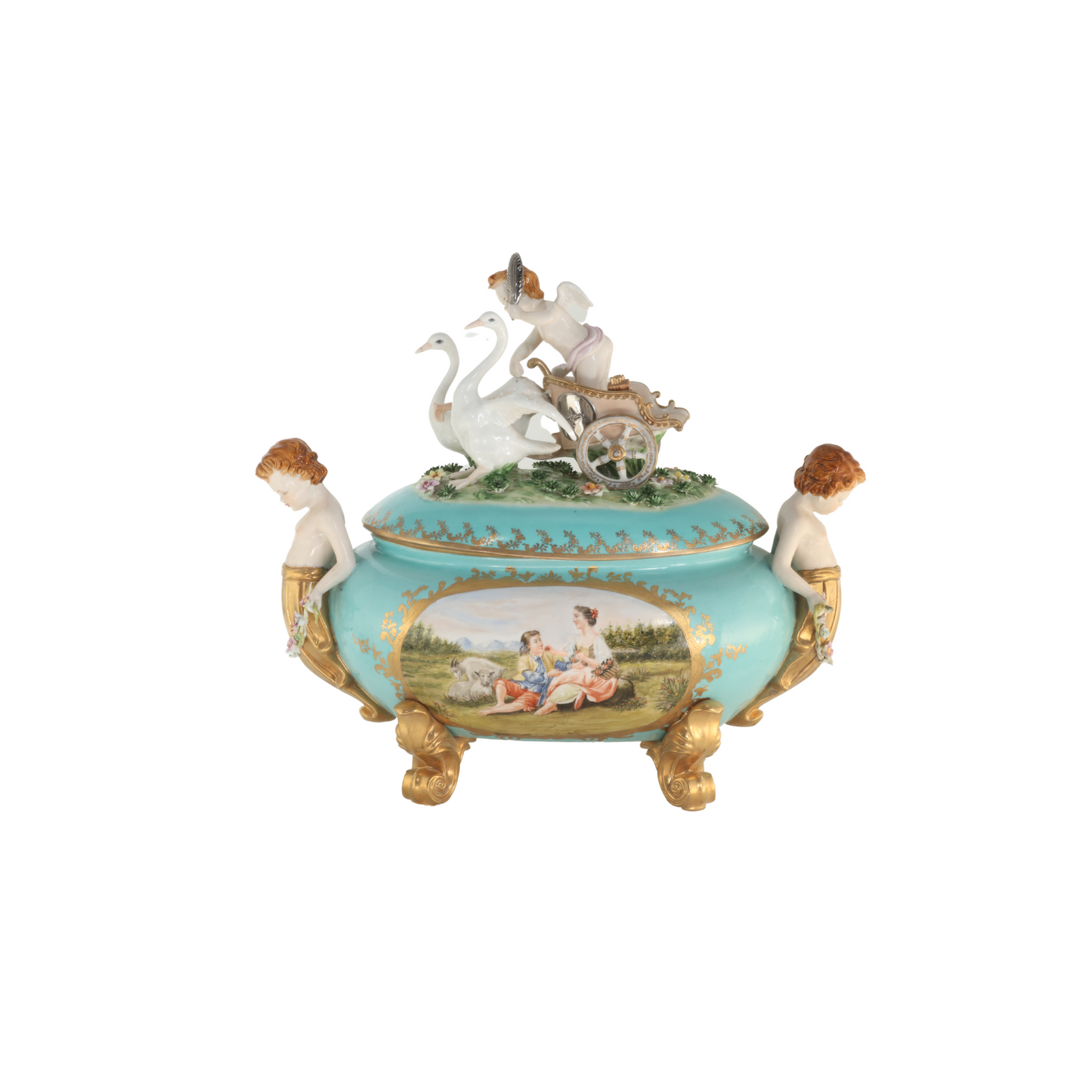 Exceptional Covered Porcelain Cherub Jar