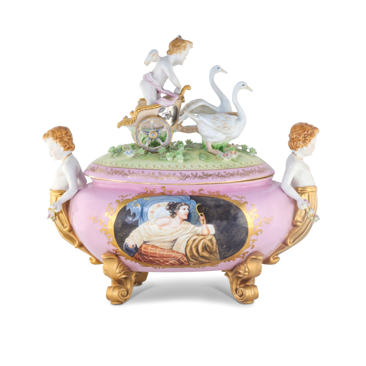 Exceptional Covered Porcelain Cherub Jar