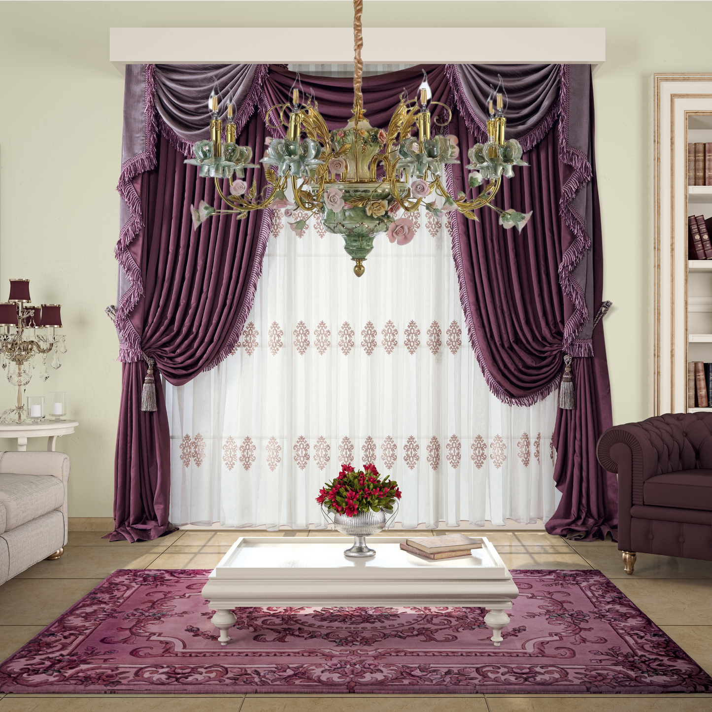 Porcelain and Brass Floral Chandelier
