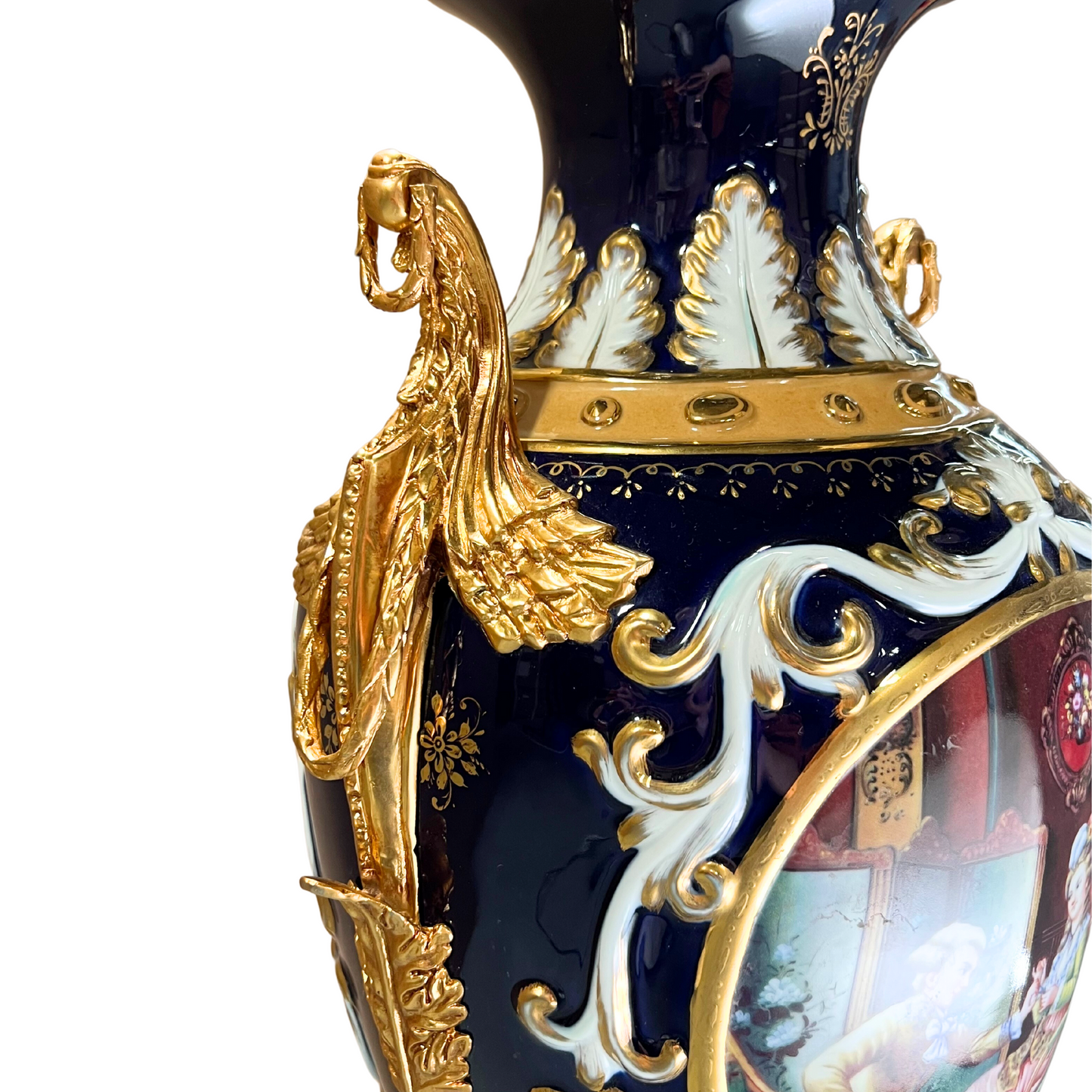 Hand-painted French Style Porcelain & Bronze Handle Vase