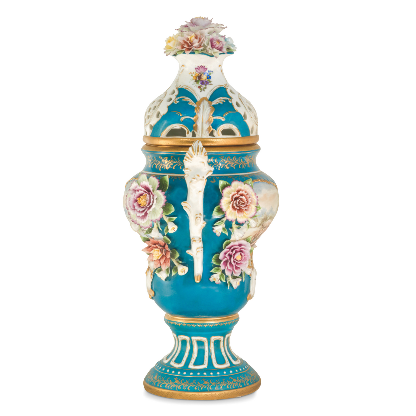 Potpourri Hand-painted Vase with Rococo Motif and Porcelain Flowers