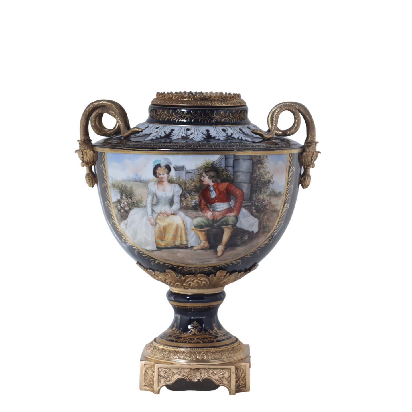 Bronze Snake Handle Hand-Painted Porcelain Jar