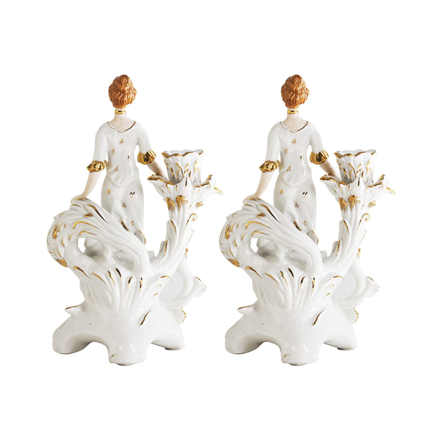 Pair of White Hand-painted Porcelain Candlestick Holders