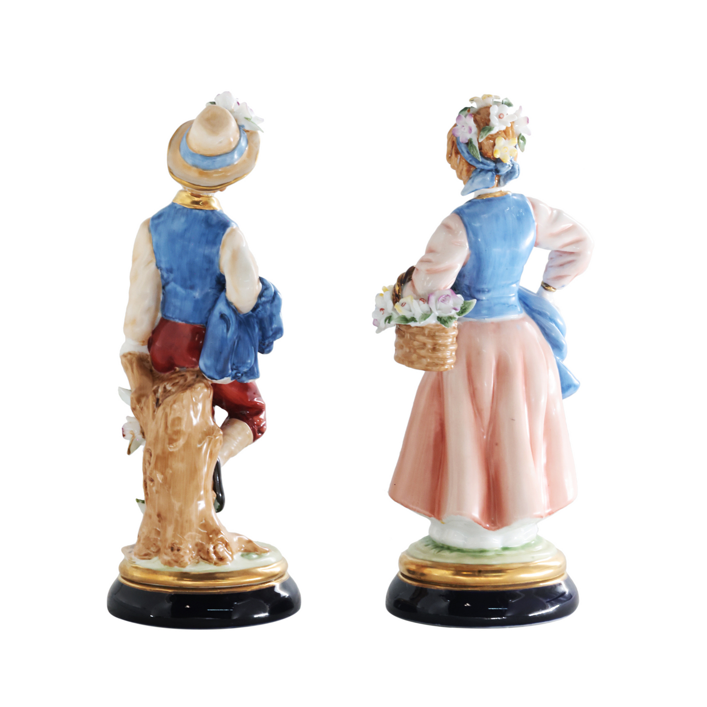Blue and Pink Rococo Style Porcelain Young Girl & Boy Figurine Pair