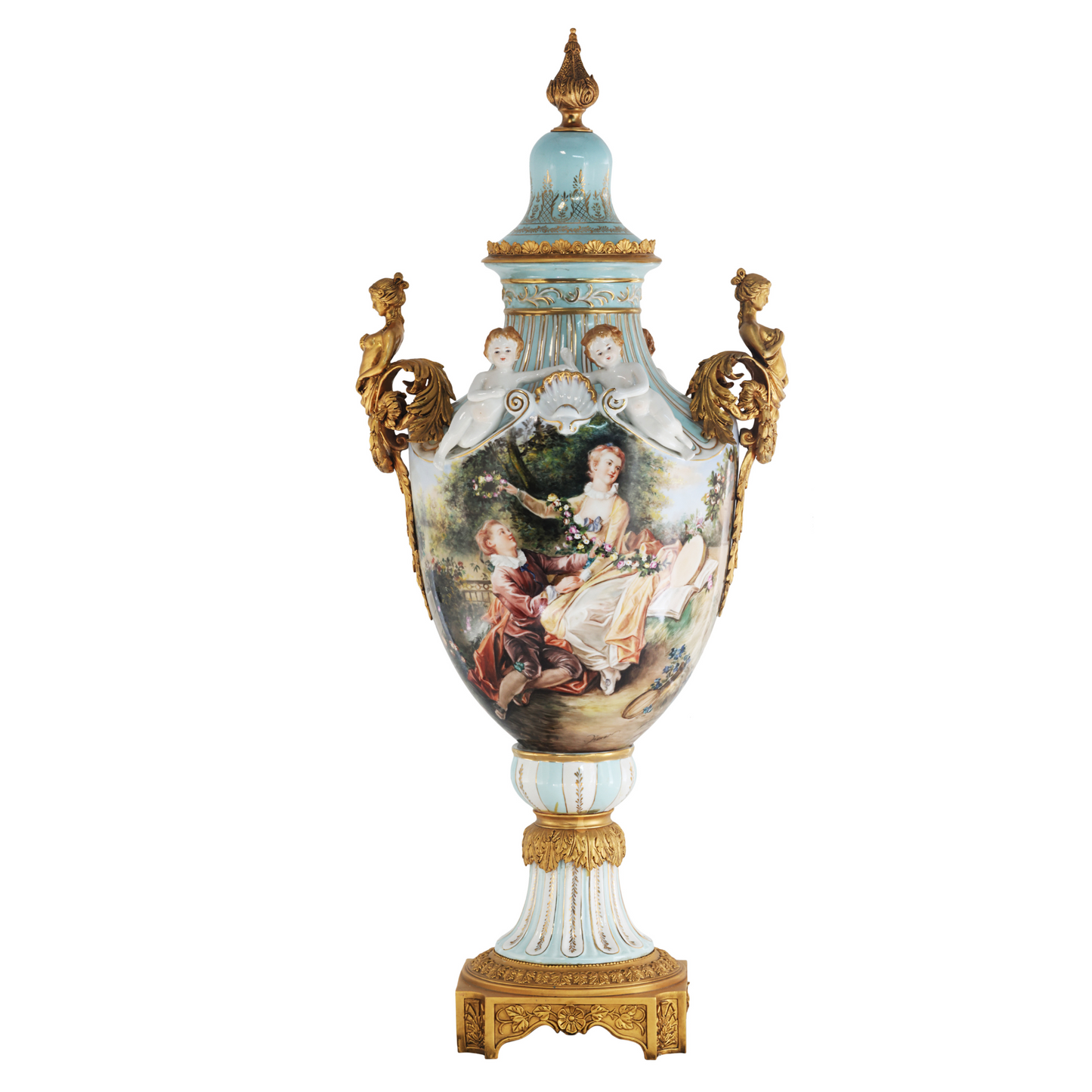 Porcelain And Bronze Lady Handle Hand-painted Louis XV Style Vase