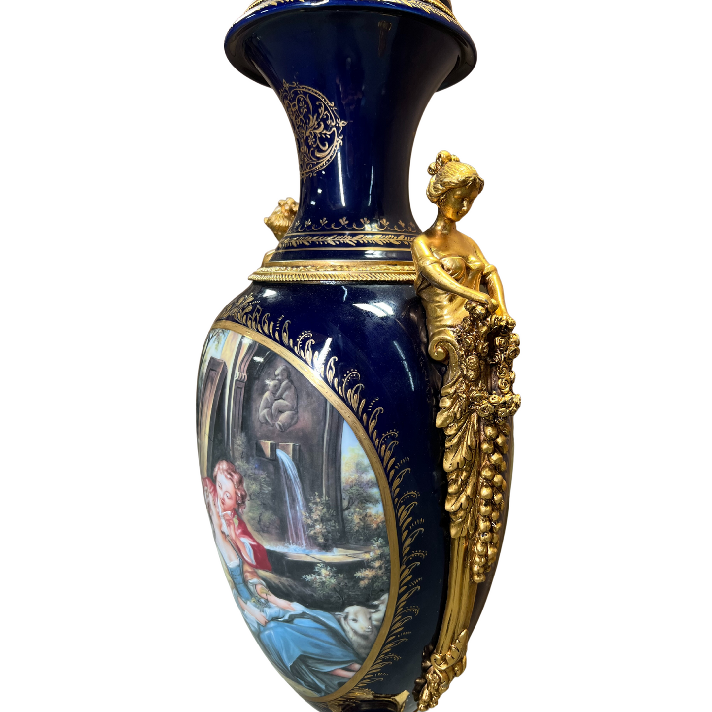 Striking Louis XV Style Hand-painted Porcelain And Bronze Cherub Handle Vase
