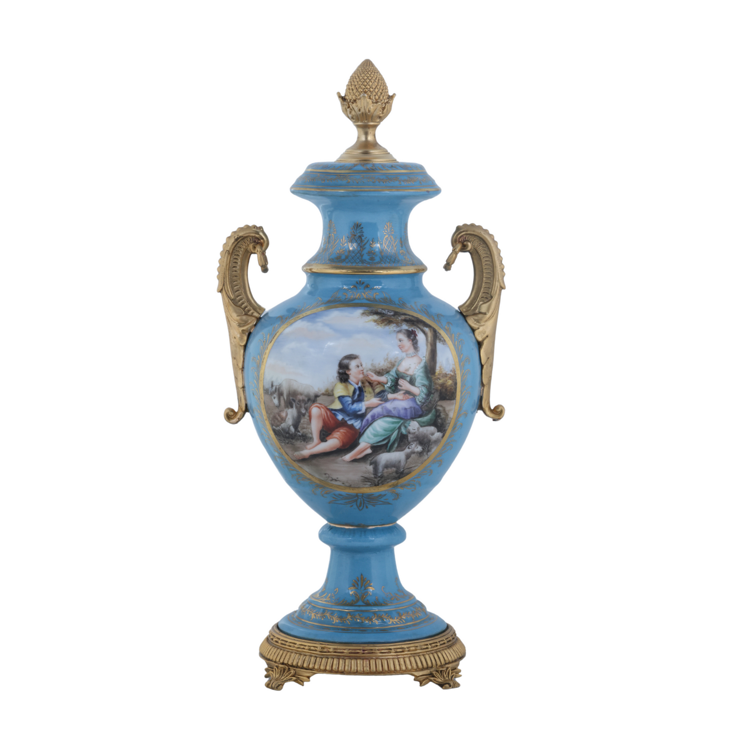 Urna de porcelana rococó con asa de bronce