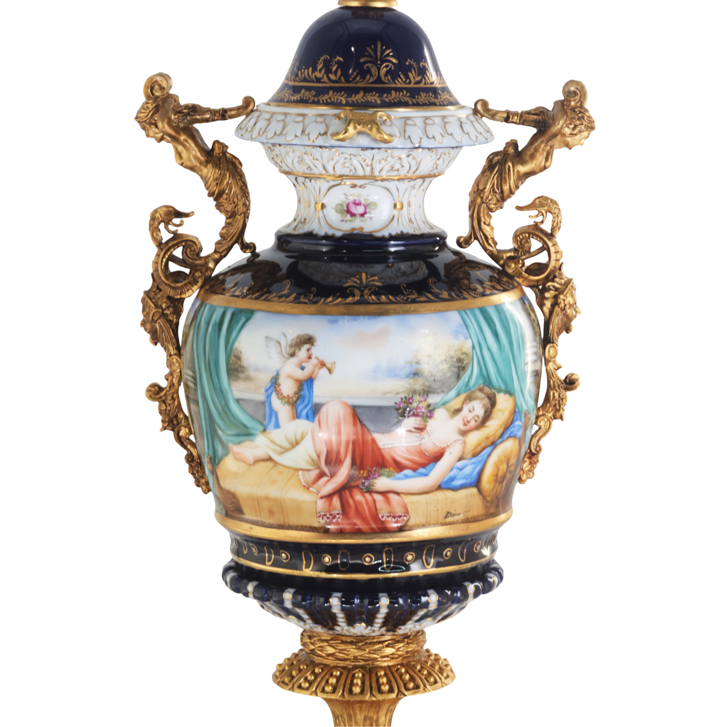 Hand-painted Bronze Handle Rococo Porcelain Vase