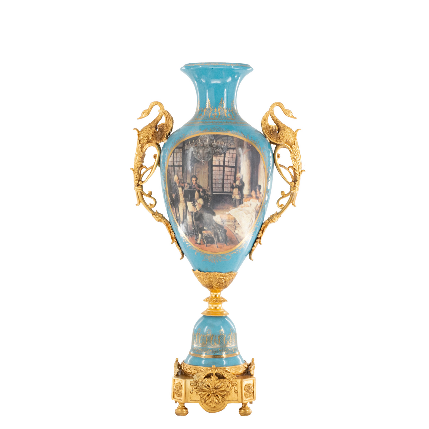 Striking Hand-painted Porcelain And Bronze Goose Handle Vase
