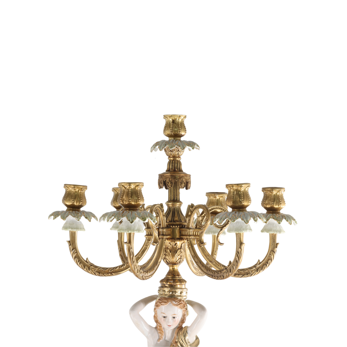 Bronze Hand-Painted Seven Cup Candle Holder With Porcelain Lady