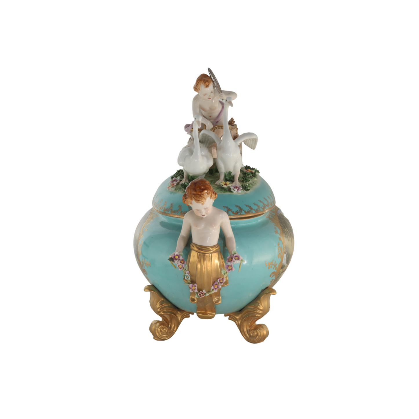 Exceptional Covered Porcelain Cherub Jar