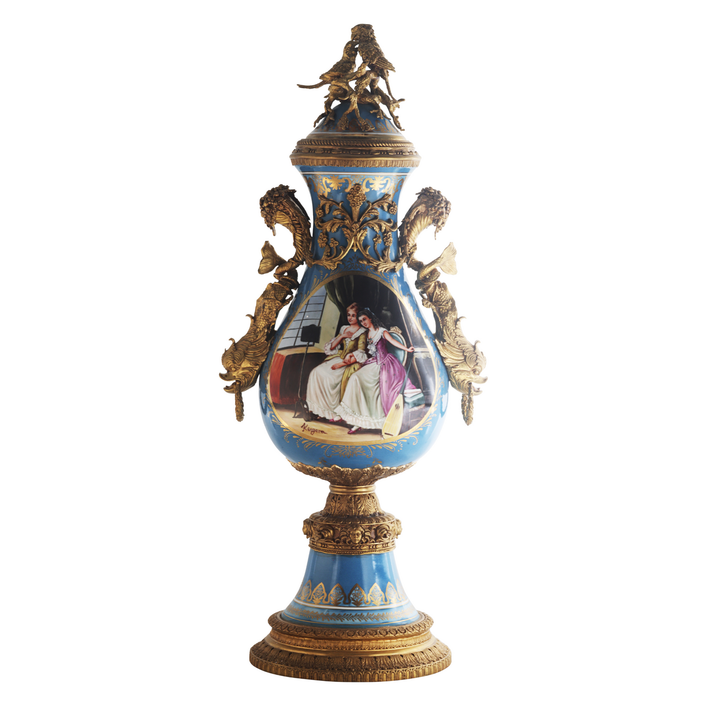 Hand-painted Light Blue Rococo Vase with Bronze Parrots