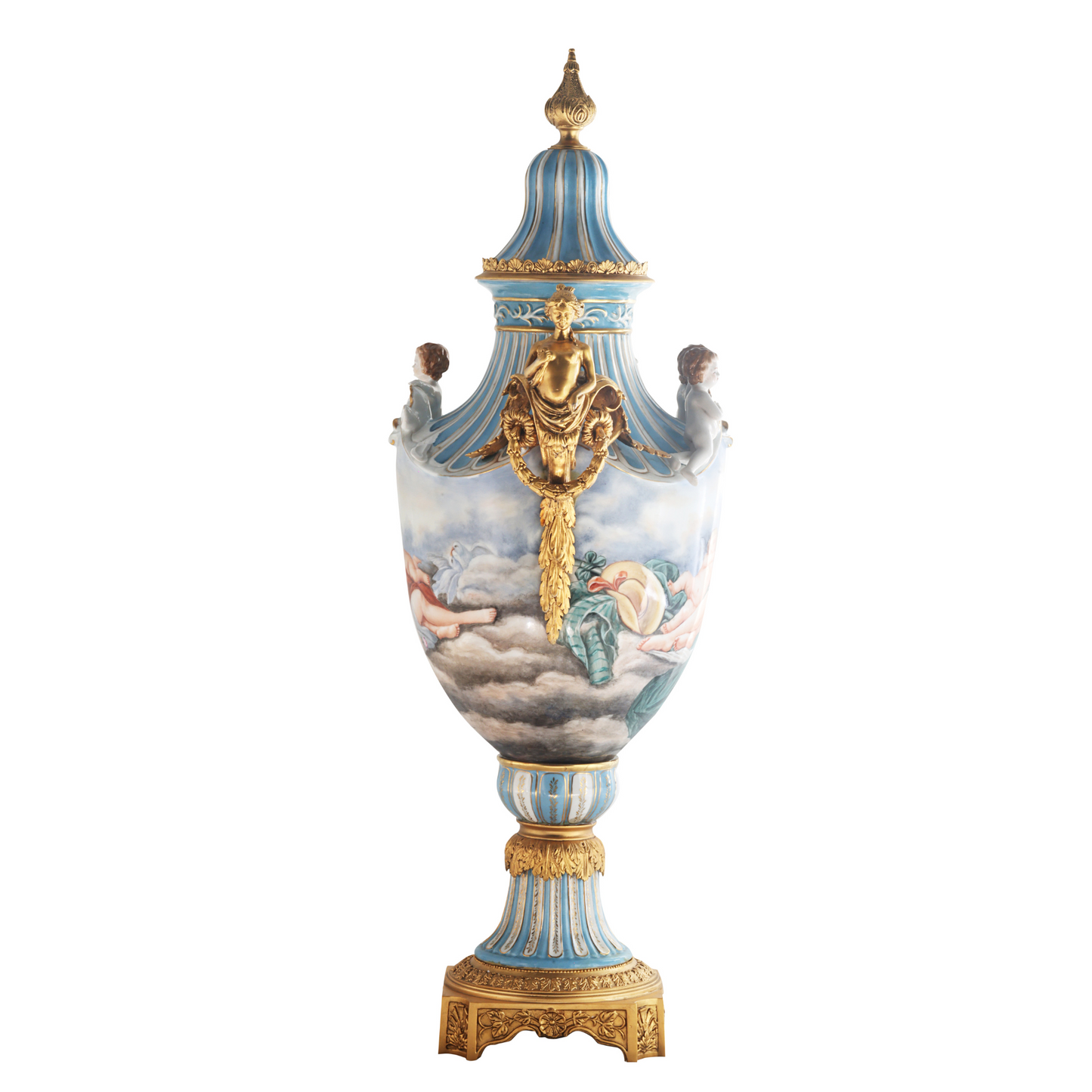 Porcelain & Bronze Lady Handle Hand-Painted Vase