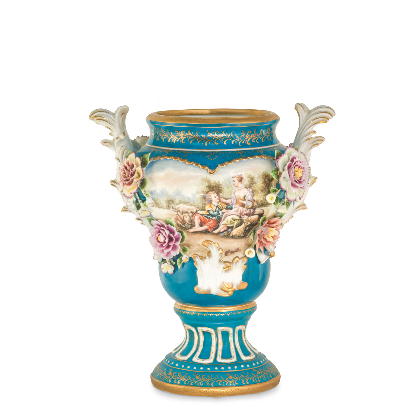 Potpourri Hand-painted Vase with Rococo Motif and Porcelain Flowers