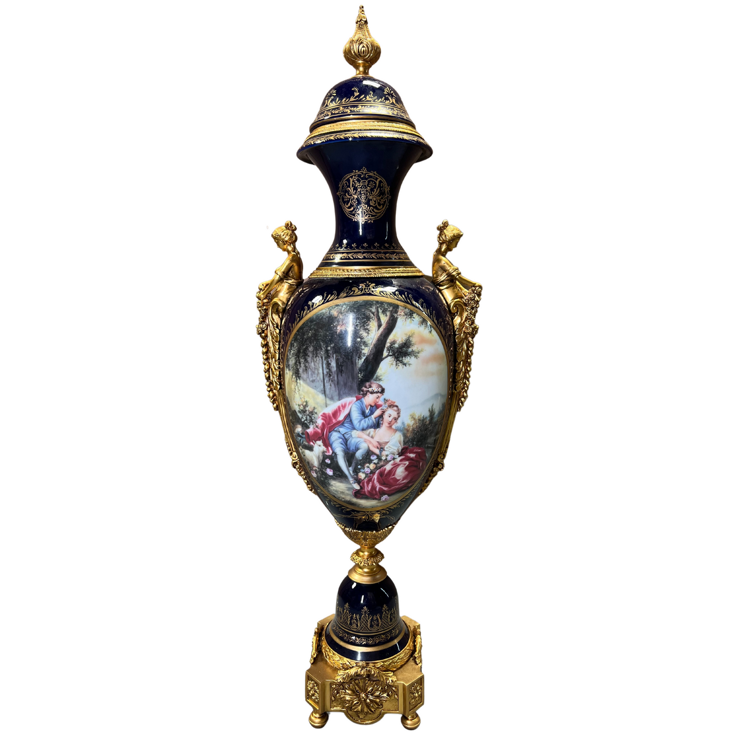 Striking Louis XV Style Hand-painted Porcelain And Bronze Cherub Handle Vase