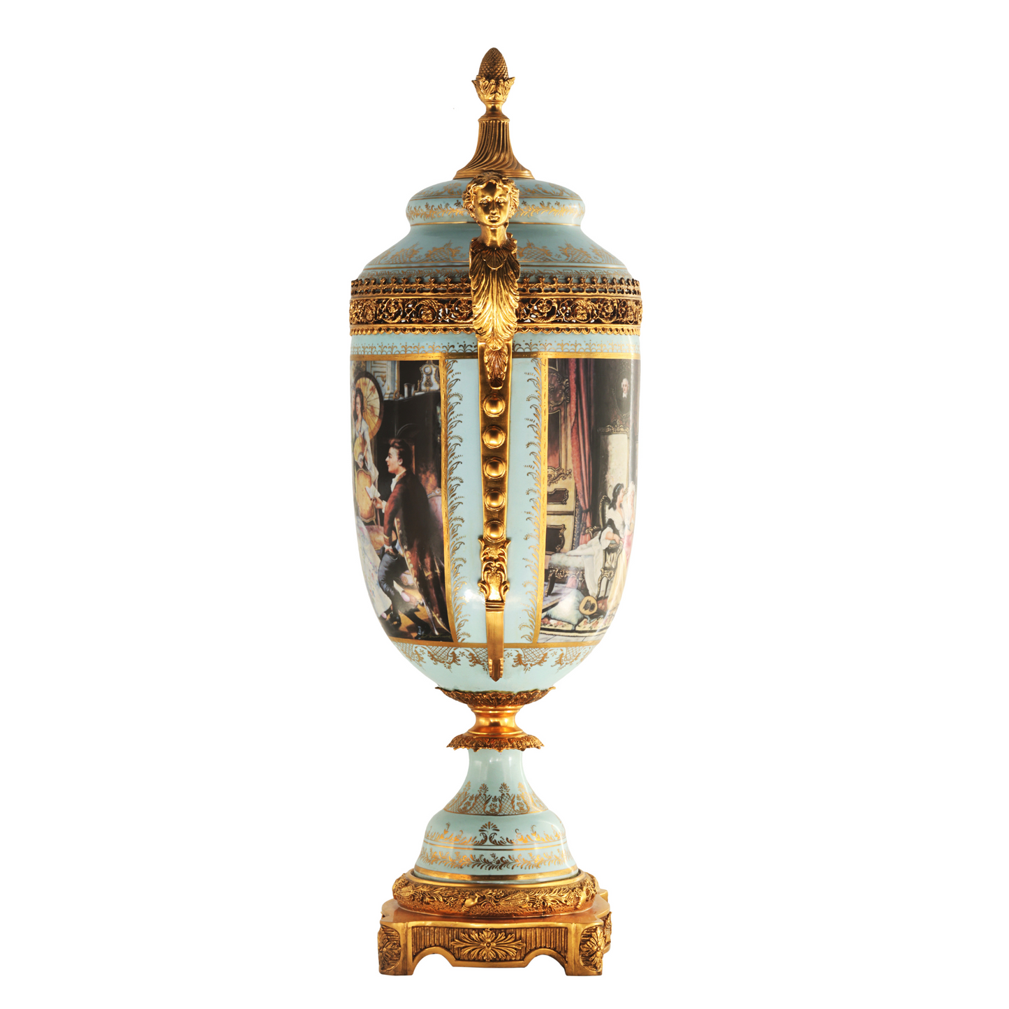 Teal Hand-Painted Potpourri Porcelain And Bronze Urn