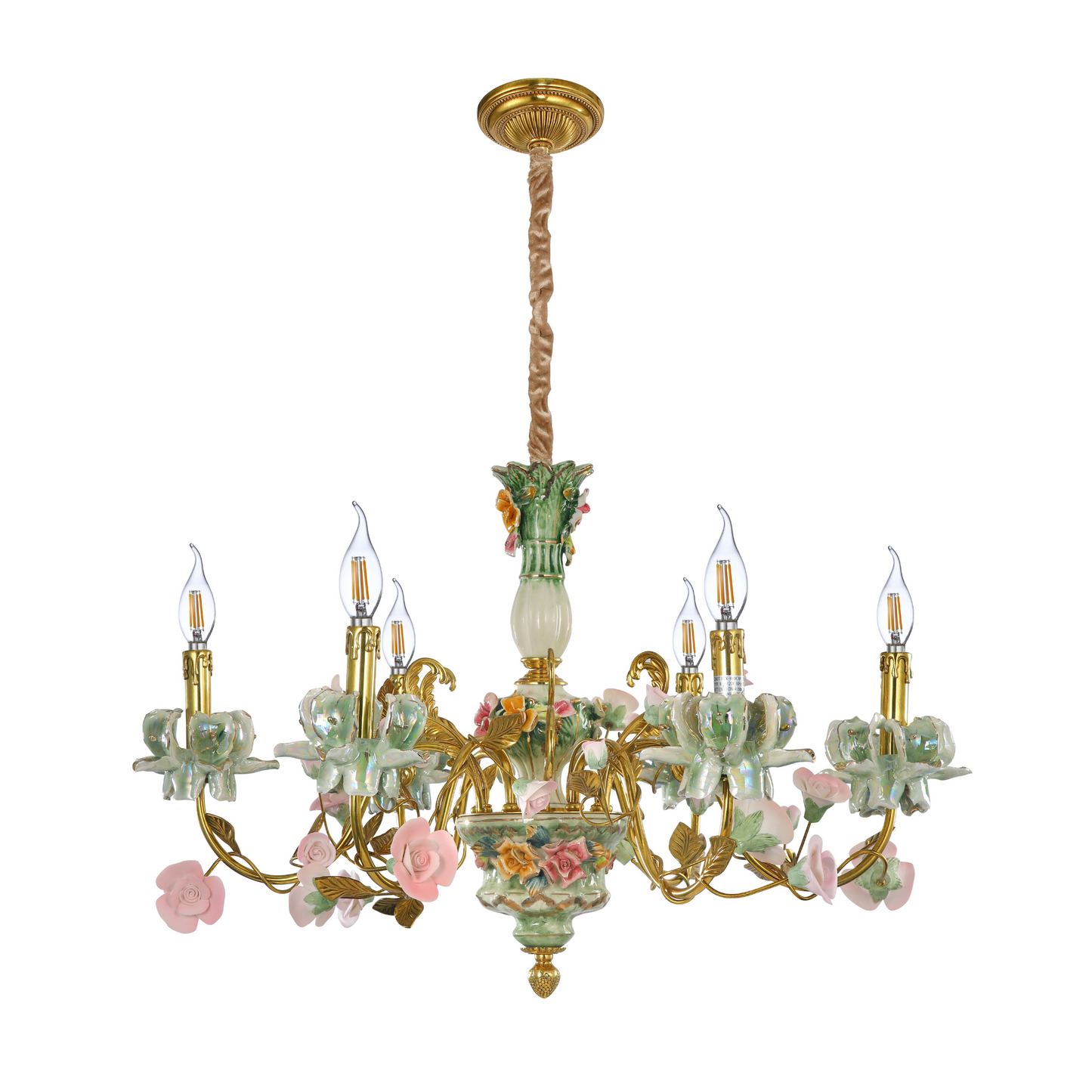 Porcelain and Brass Floral Chandelier