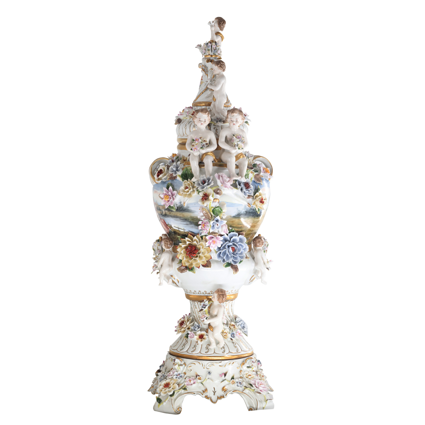 Hand-painted Rococo Three Dimensional Porcelain Flower Urn